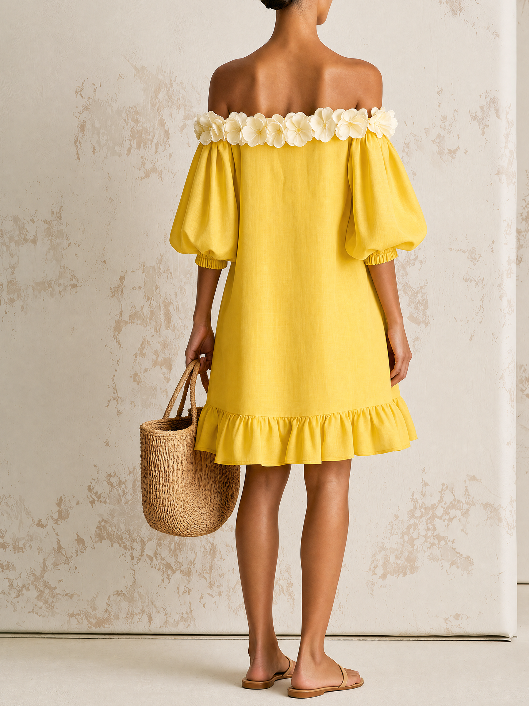 Bright Yellow Off-The-Shoulder Puff Sleeve Mini Dress With 3D Floral Trim & Ruffle Hem