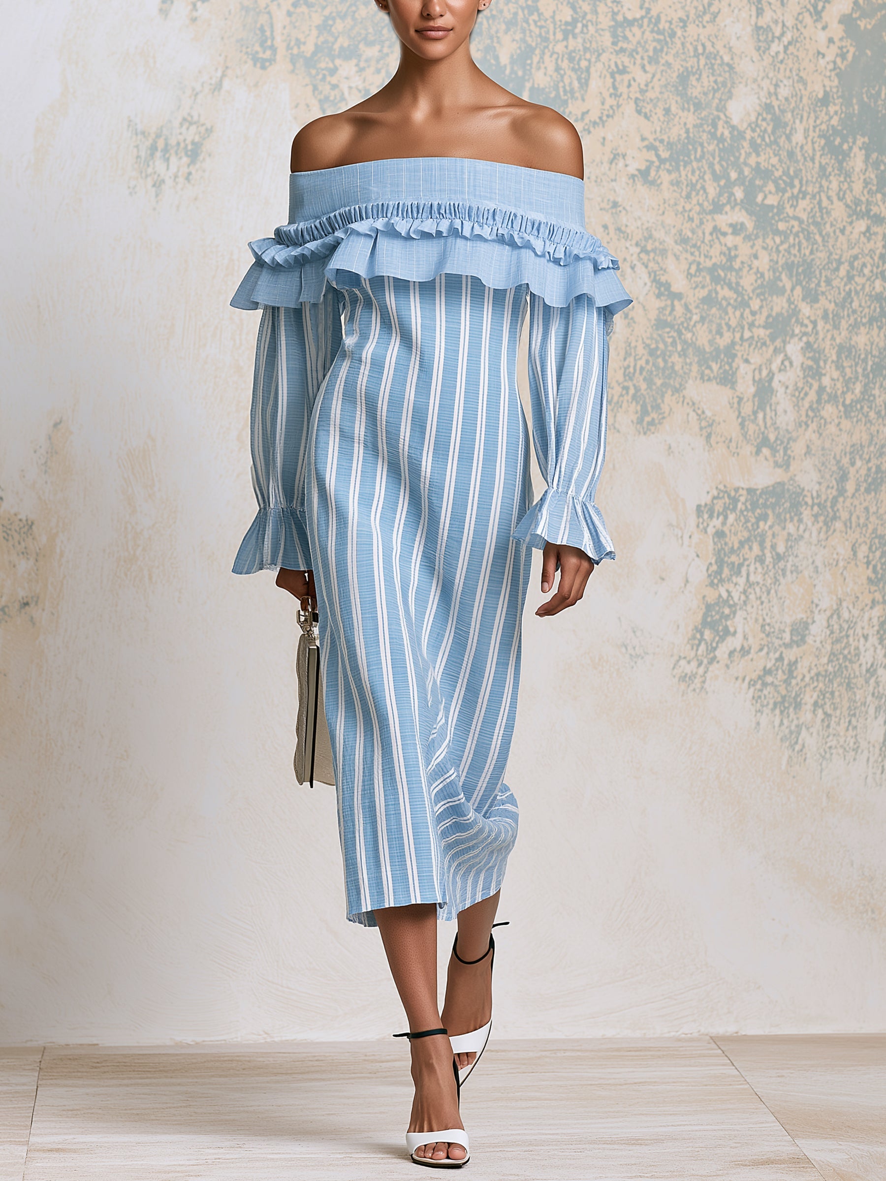 Off Shoulder Blue Striped Ruffle Midi Dress – Elegant Long Sleeve Summer Dress With Feminine Details