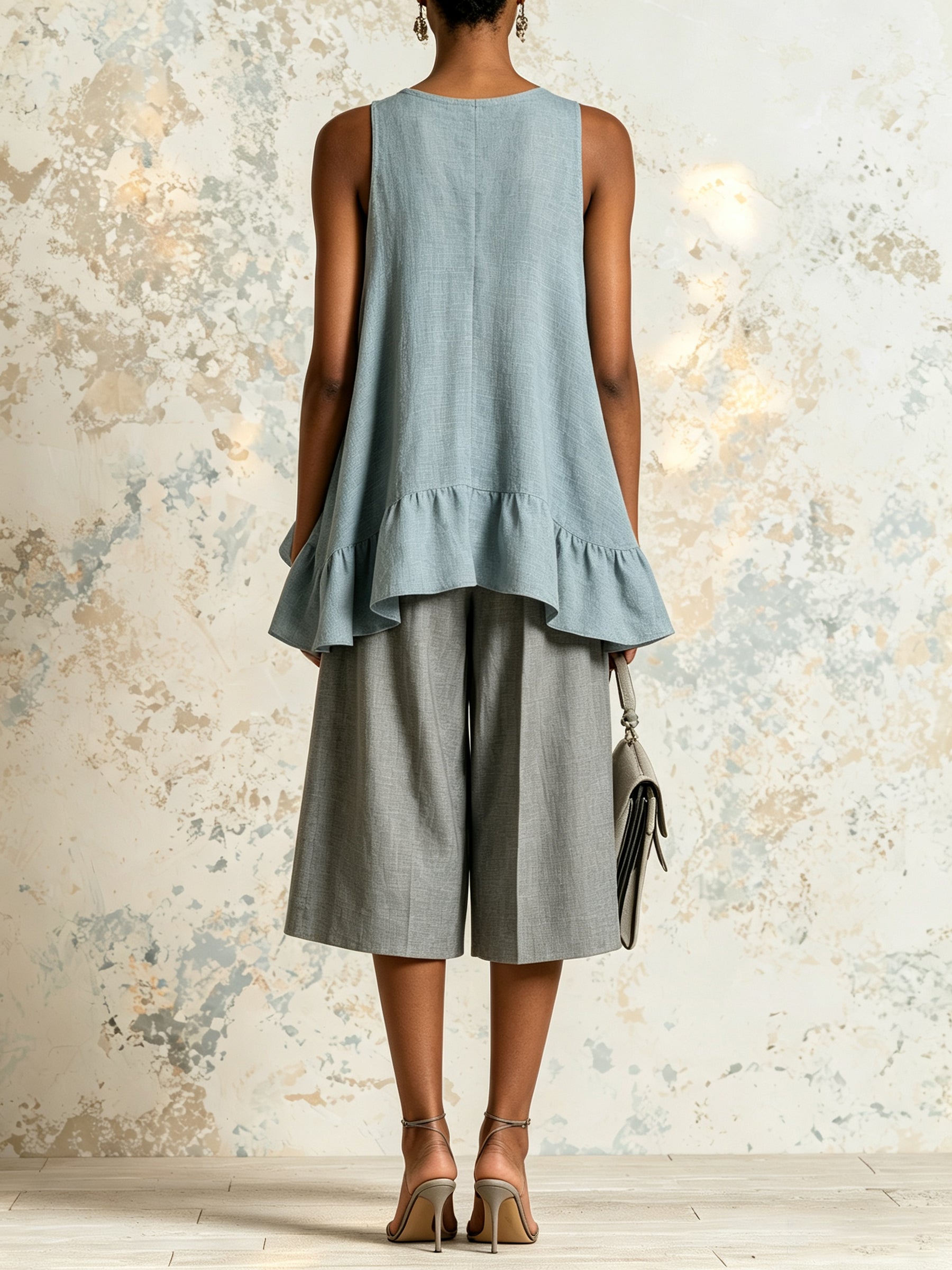 Minimalist Blue Ruffle Hem Tank Top – Elegant V Neck Sleeveless Peplum Blouse For Women