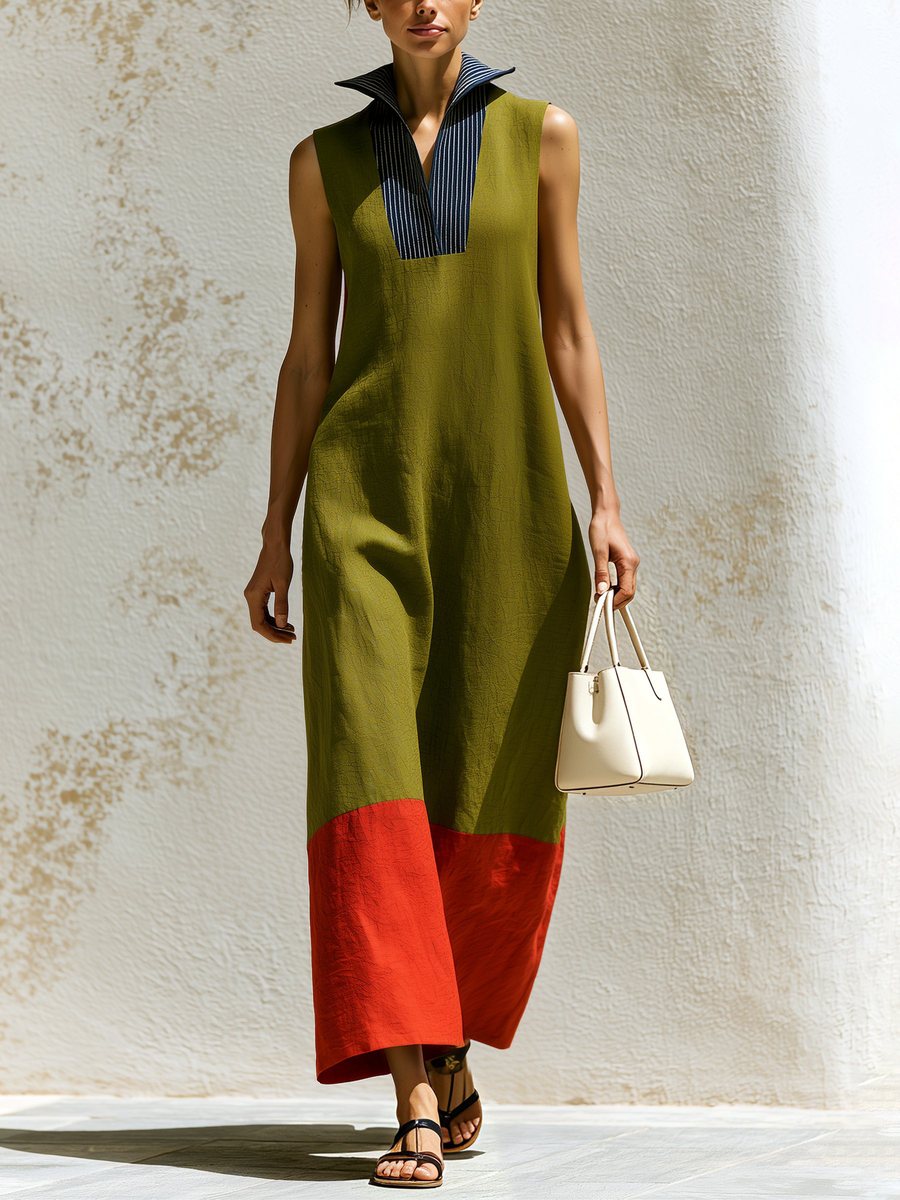 Color Block Stripe Collar Sleeveless Linen Blend Maxi Dress