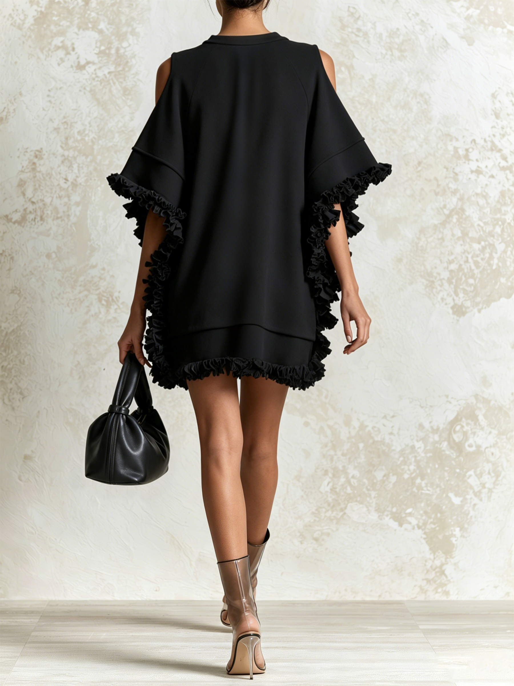 Black Cold Shoulder Ruffle Trim Oversized Mini Dress