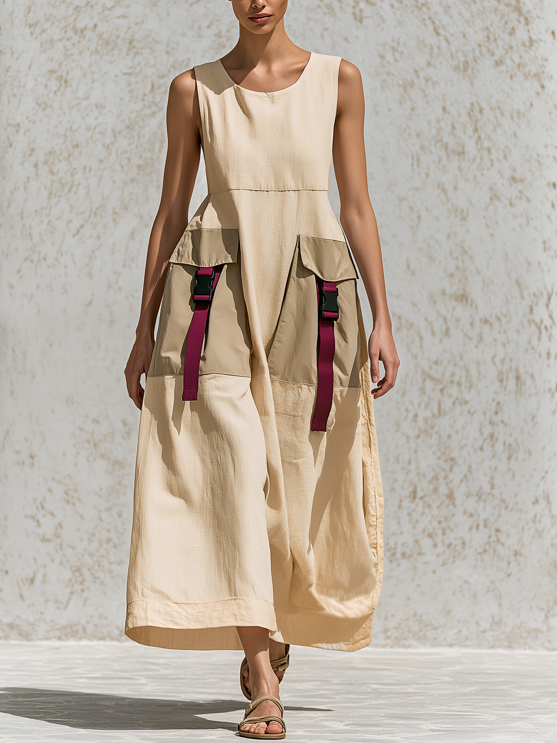 Beige Color Block Strap Buckle Sleeveless Utility Maxi Dress