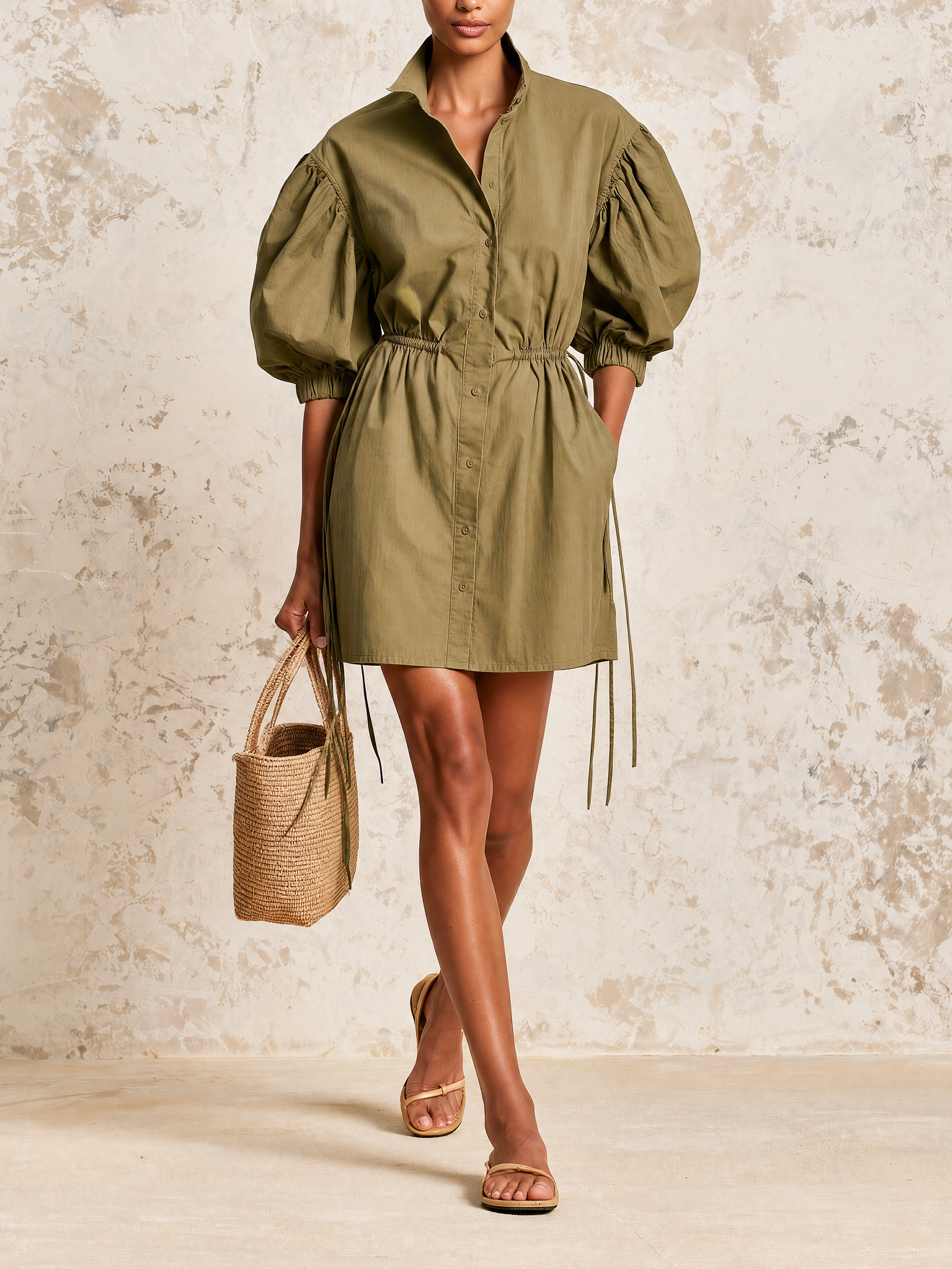 Olive Puff Sleeve Drawstring Waist Mini Shirt Dress With Side Pockets