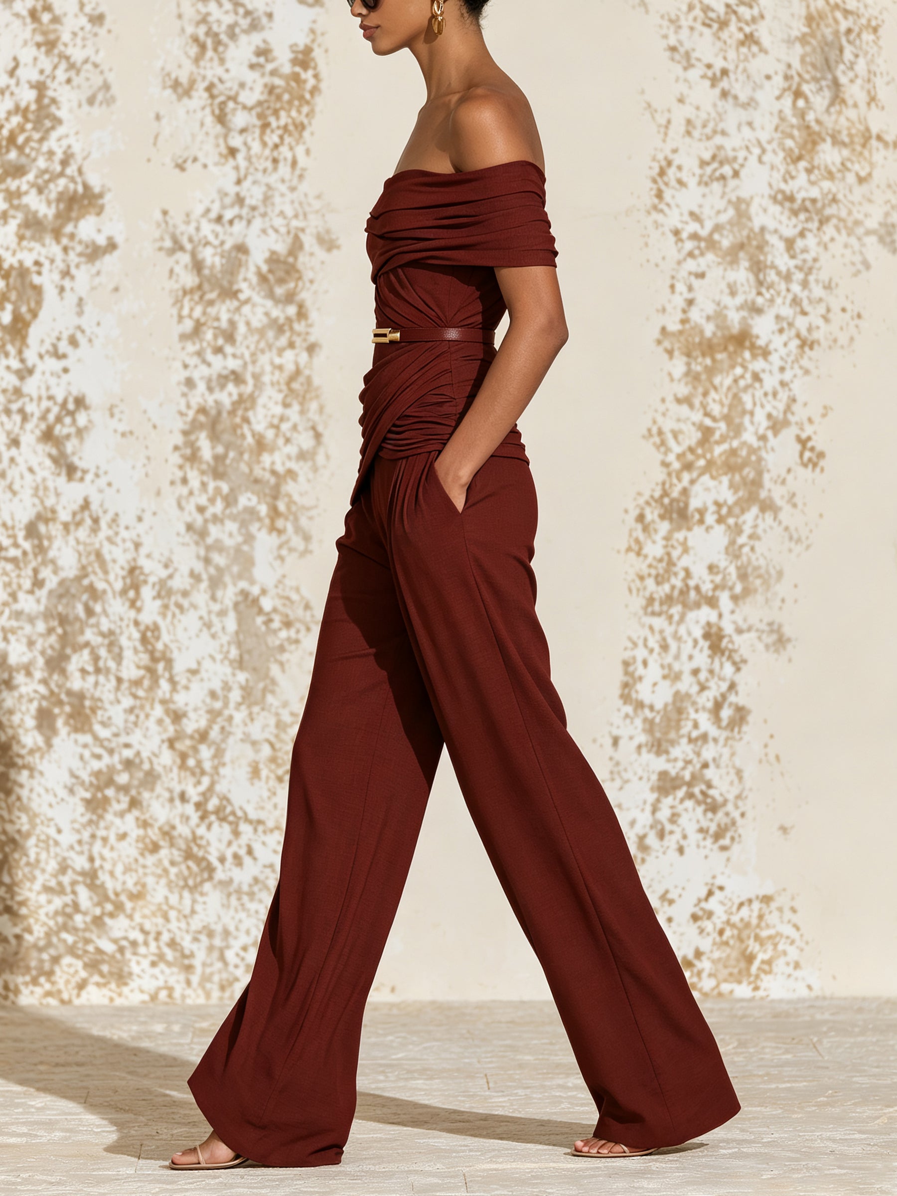 Elegant Burgundy Off Shoulder Jumpsuit – Ruched Draped Wide Leg Evening Jumpsuit For Women