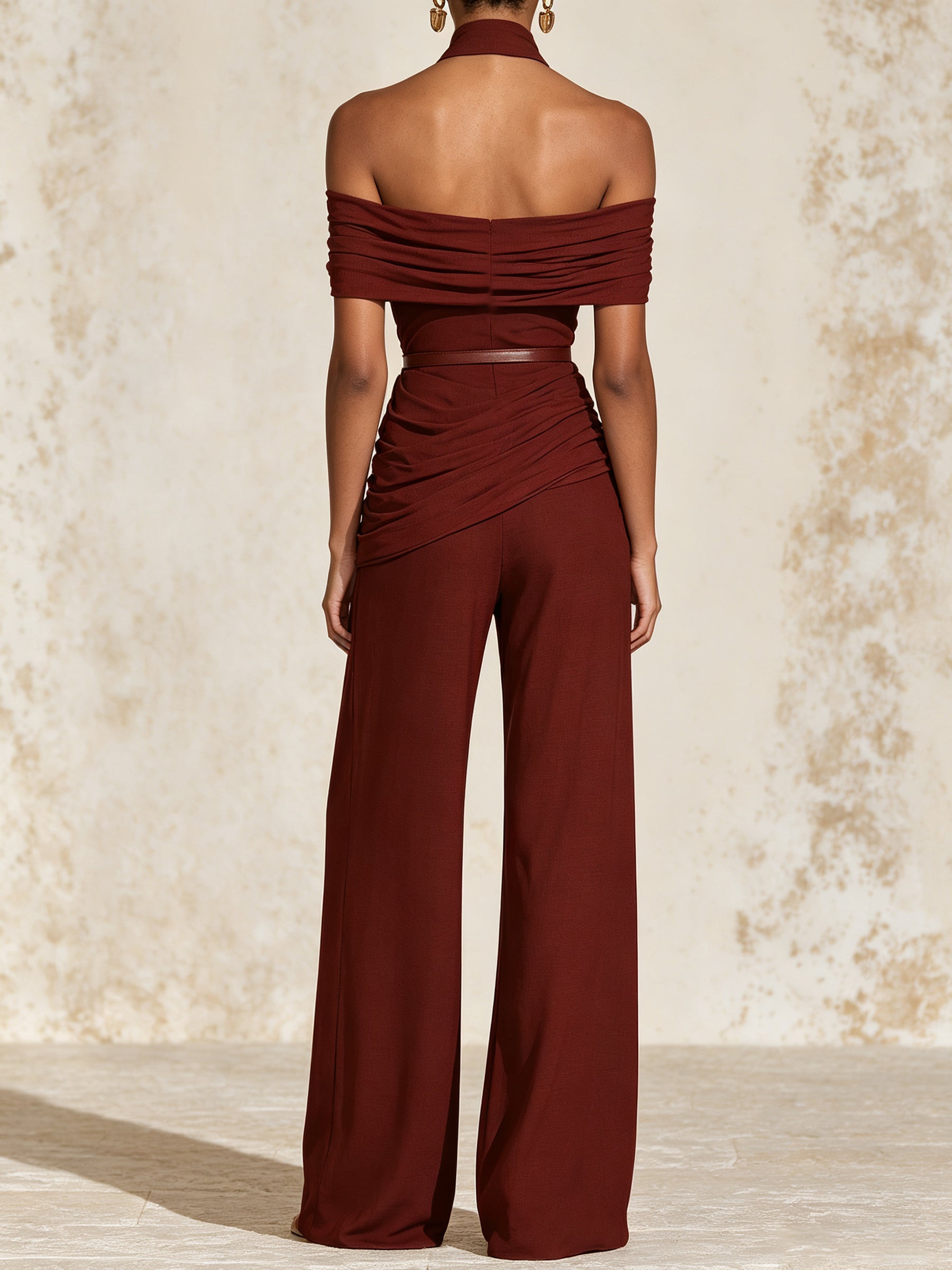 Elegant Burgundy Off Shoulder Jumpsuit – Ruched Draped Wide Leg Evening Jumpsuit For Women