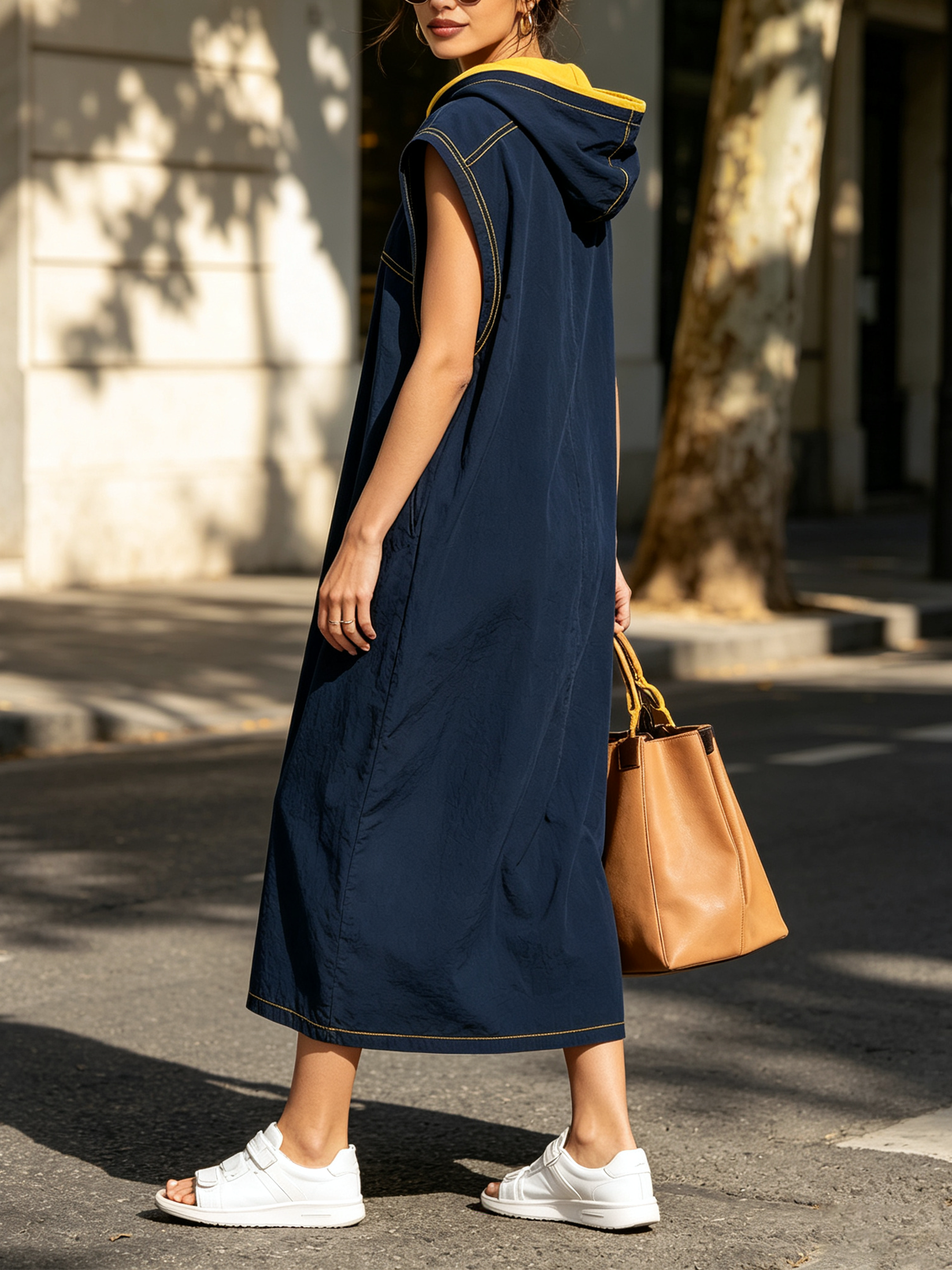 Navy Contrast Yellow Stitch Sleeveless Hooded Midi Dress