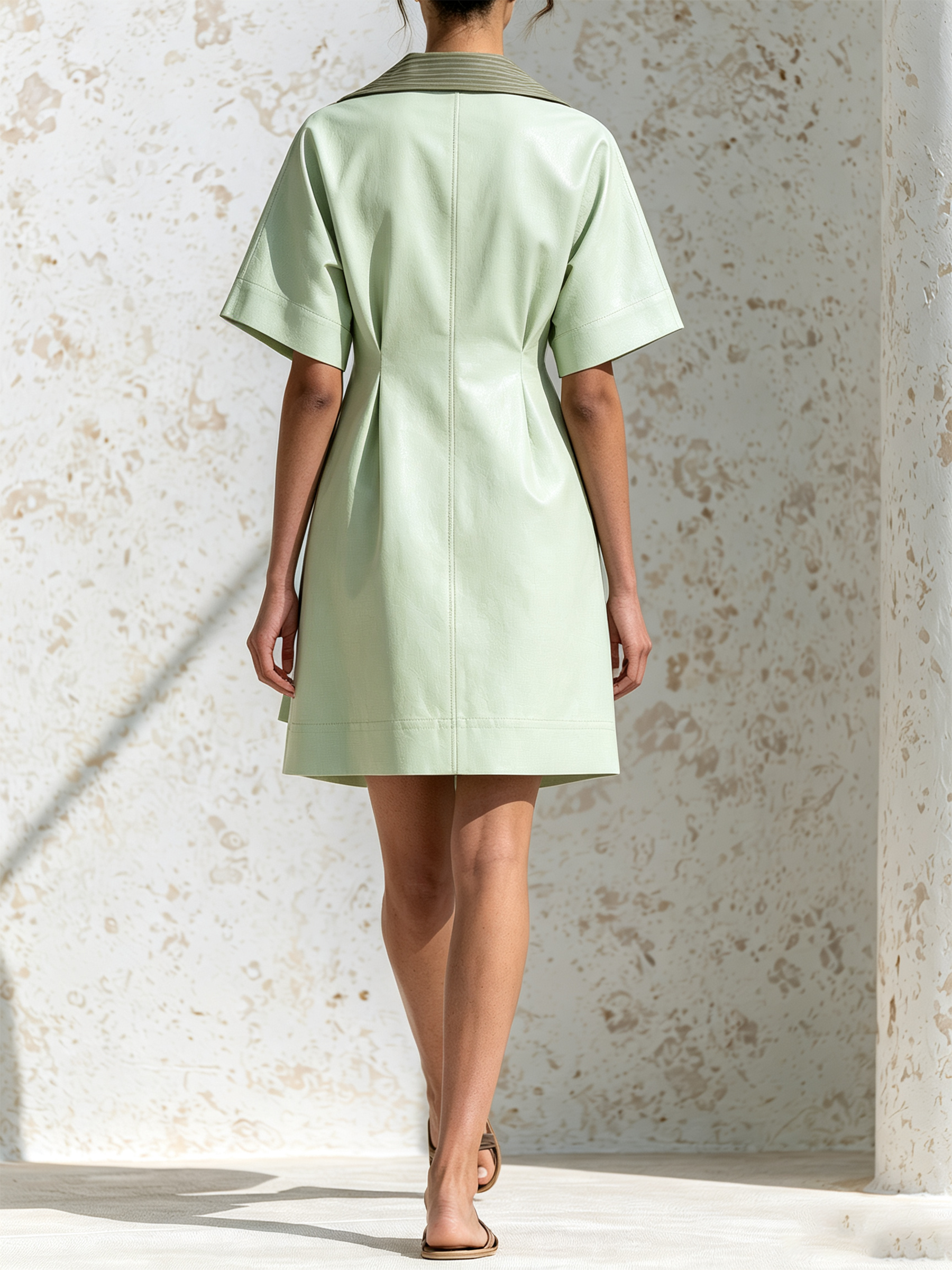 Light Green Contrast Striped Lapel Collar Tailored Mini Shirt Dress