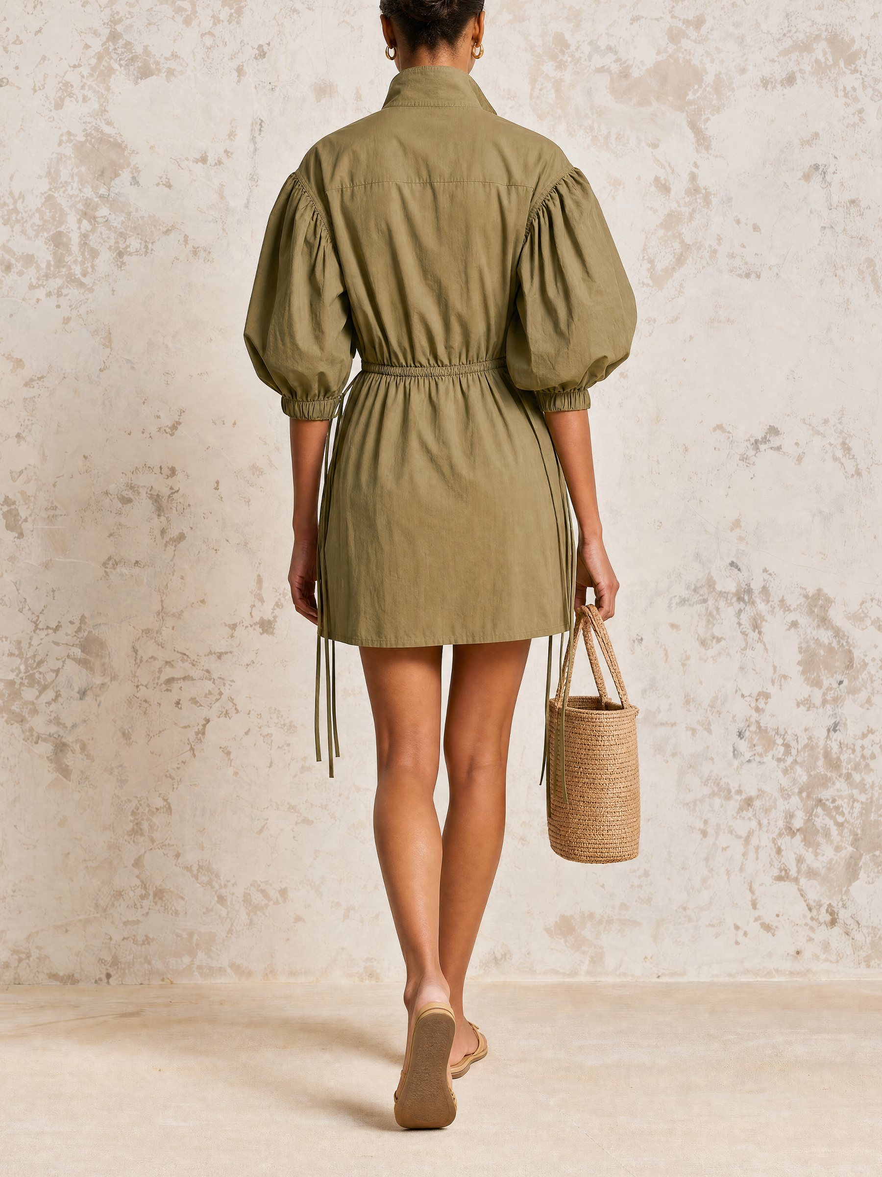 Olive Puff Sleeve Drawstring Waist Mini Shirt Dress With Side Pockets