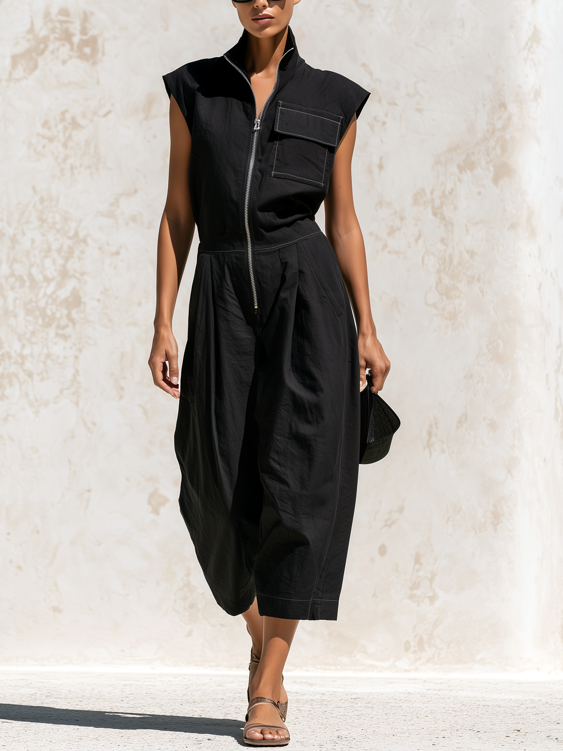 Black Sleeveless Zip Front Utility Wide Leg Midi Jumpsuit