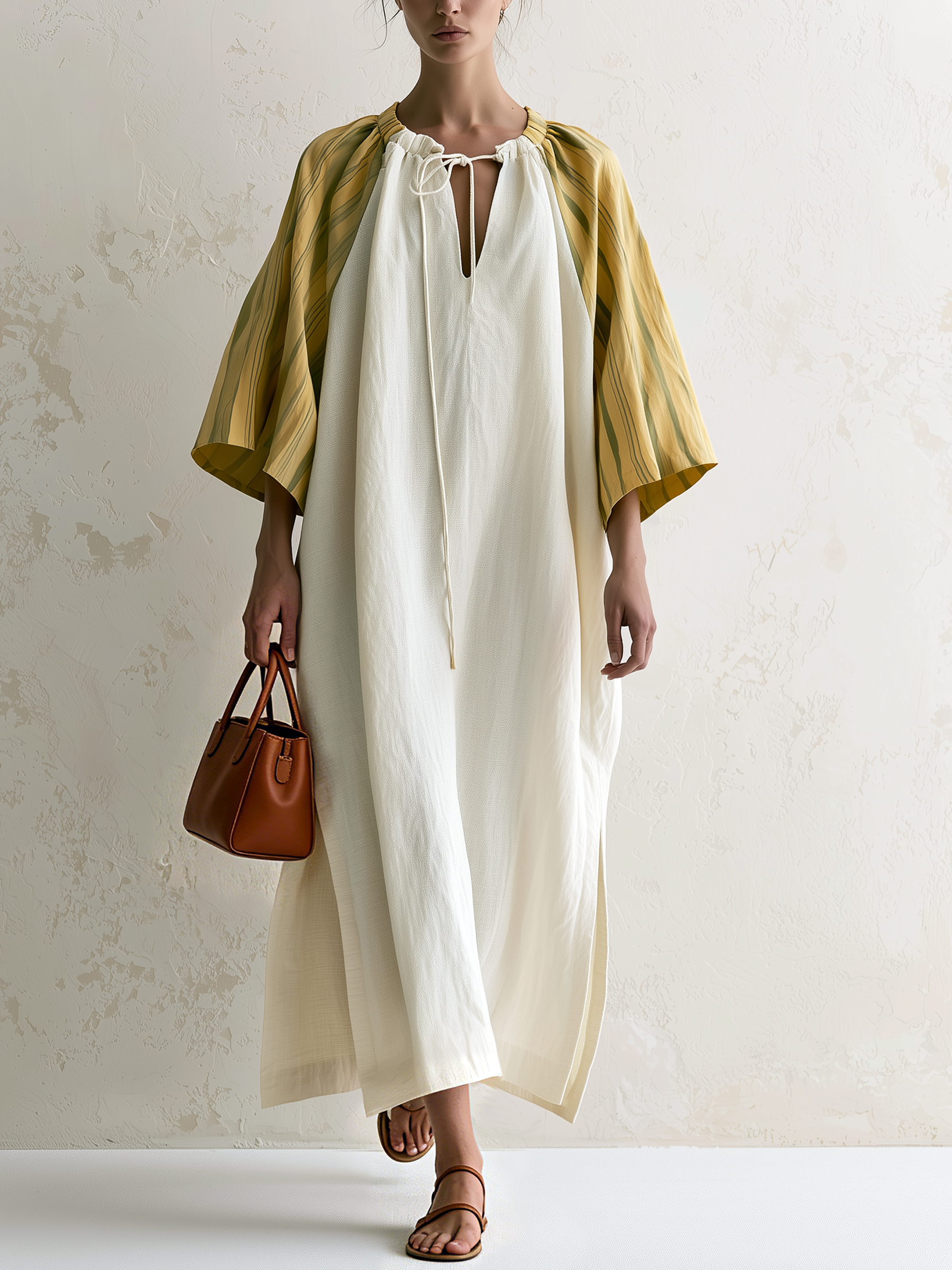 Color Block Stripe Raglan Sleeve Drawstring Neck Loose Maxi Dress