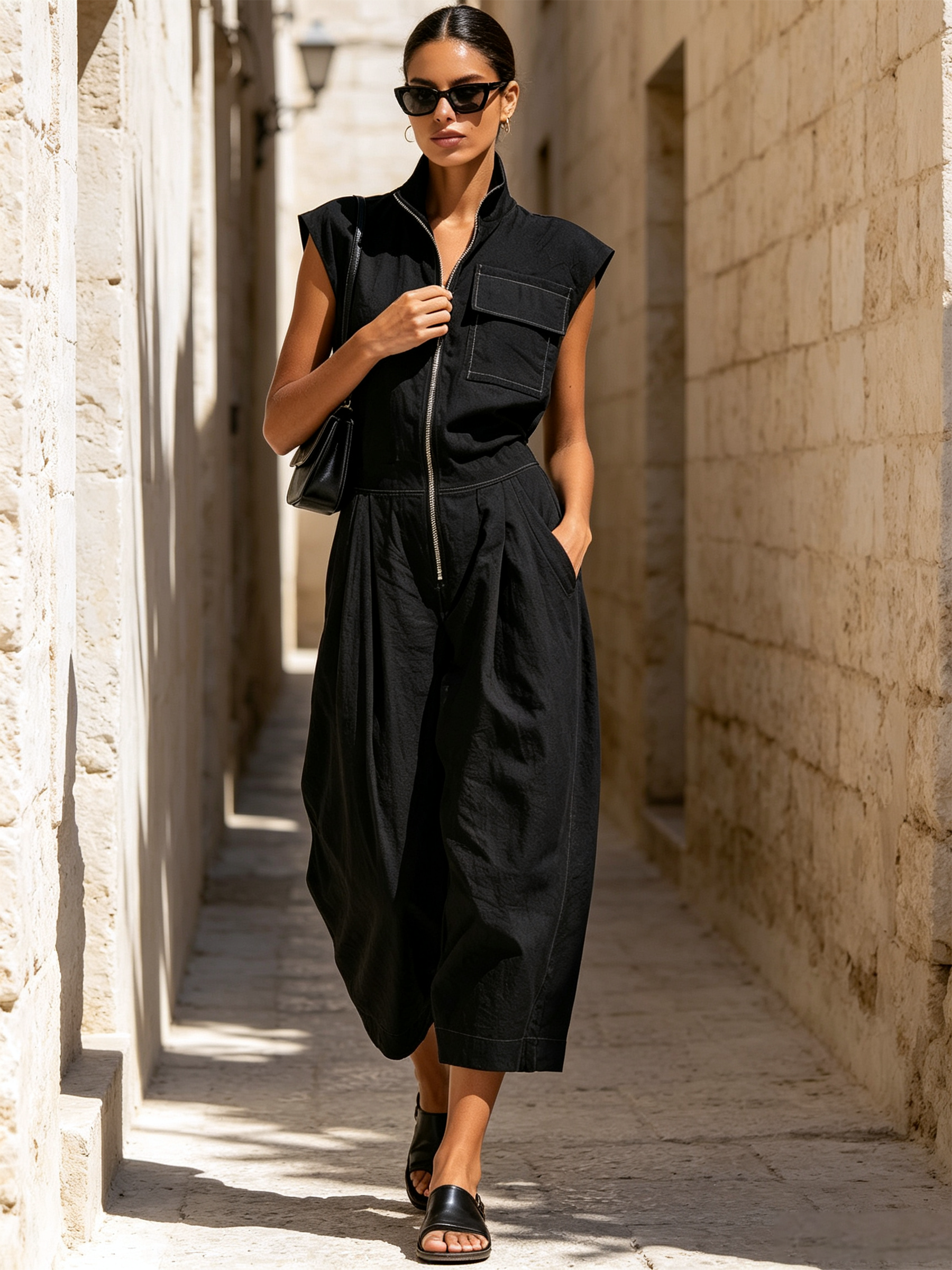 Black Sleeveless Zip Front Utility Wide Leg Midi Jumpsuit