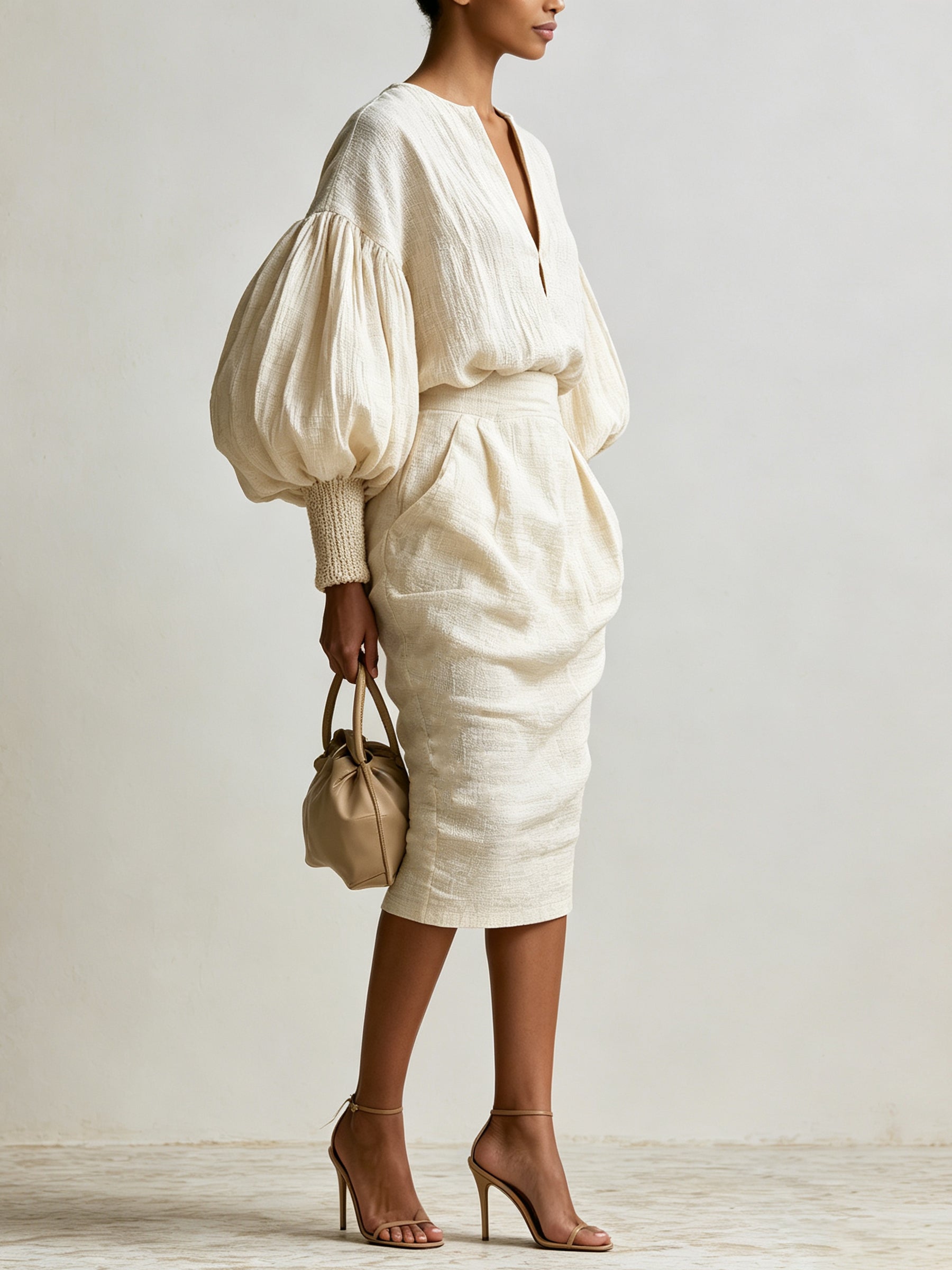 Elegant White Puff Sleeve Midi Dress For Women – Bohemian Chic V-Neck Dress With Ruched Waist & Relaxed Silhouette