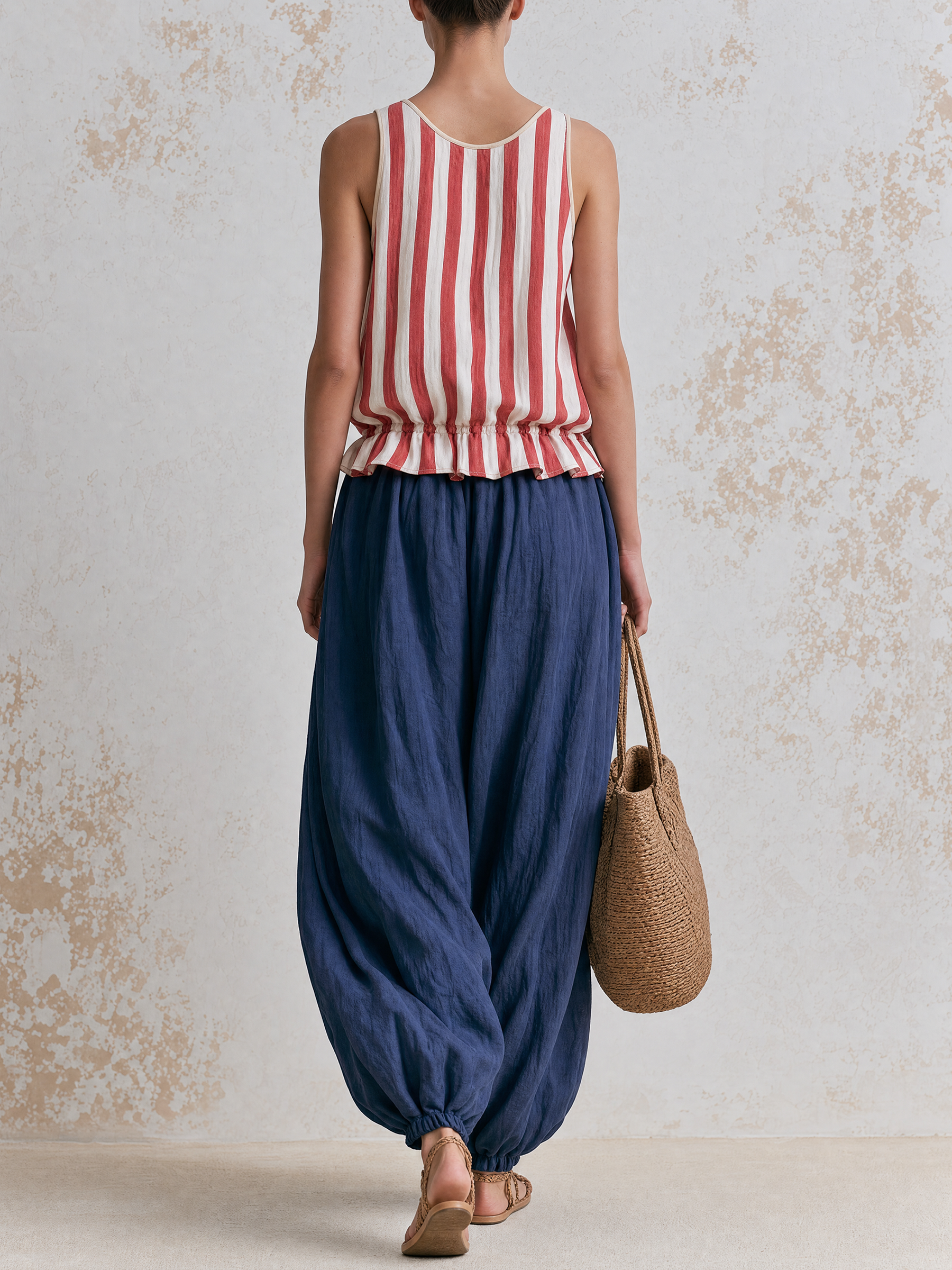 Red‑White Striped Tank Top & Navy Linen Balloon Pants Two‑Piece Set