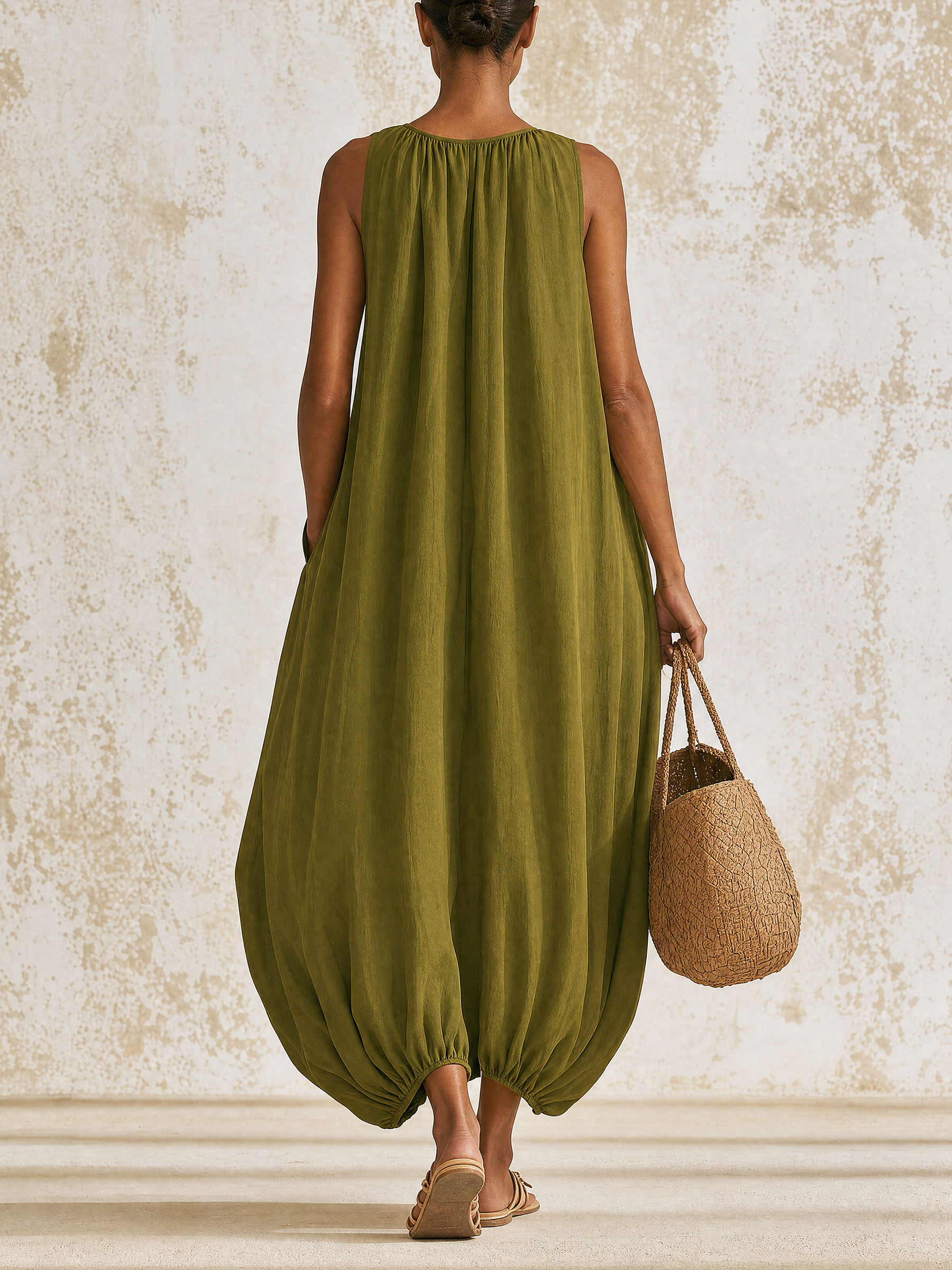 Olive‑Green Sleeveless Gathered‑Hem Linen Midi Balloon Dress