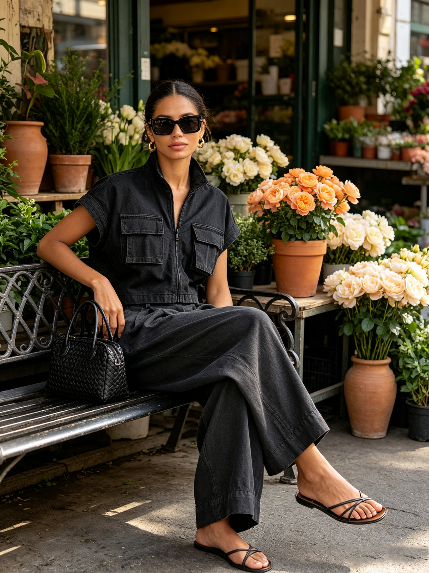 Black Zip Crop Cargo Top & Pleated Wide Leg Cropped Pants Two-Piece Set