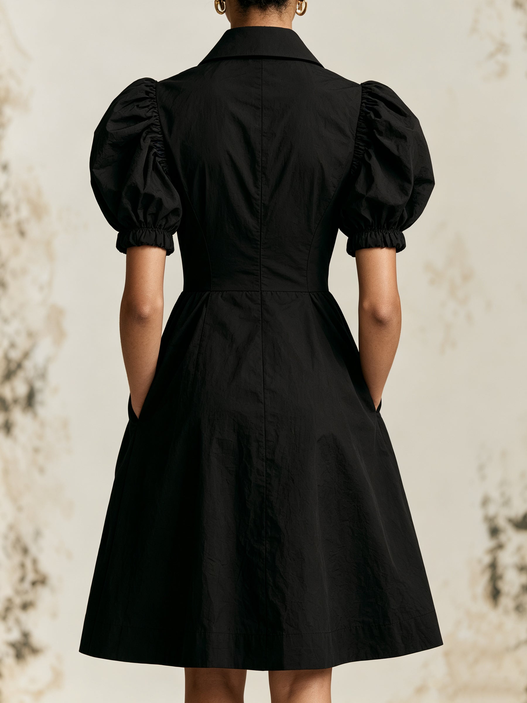 Elegant Black Puff Sleeve Midi Dress – Vintage Collar A-Line Dress With Ruched Waist & Pocket Detail