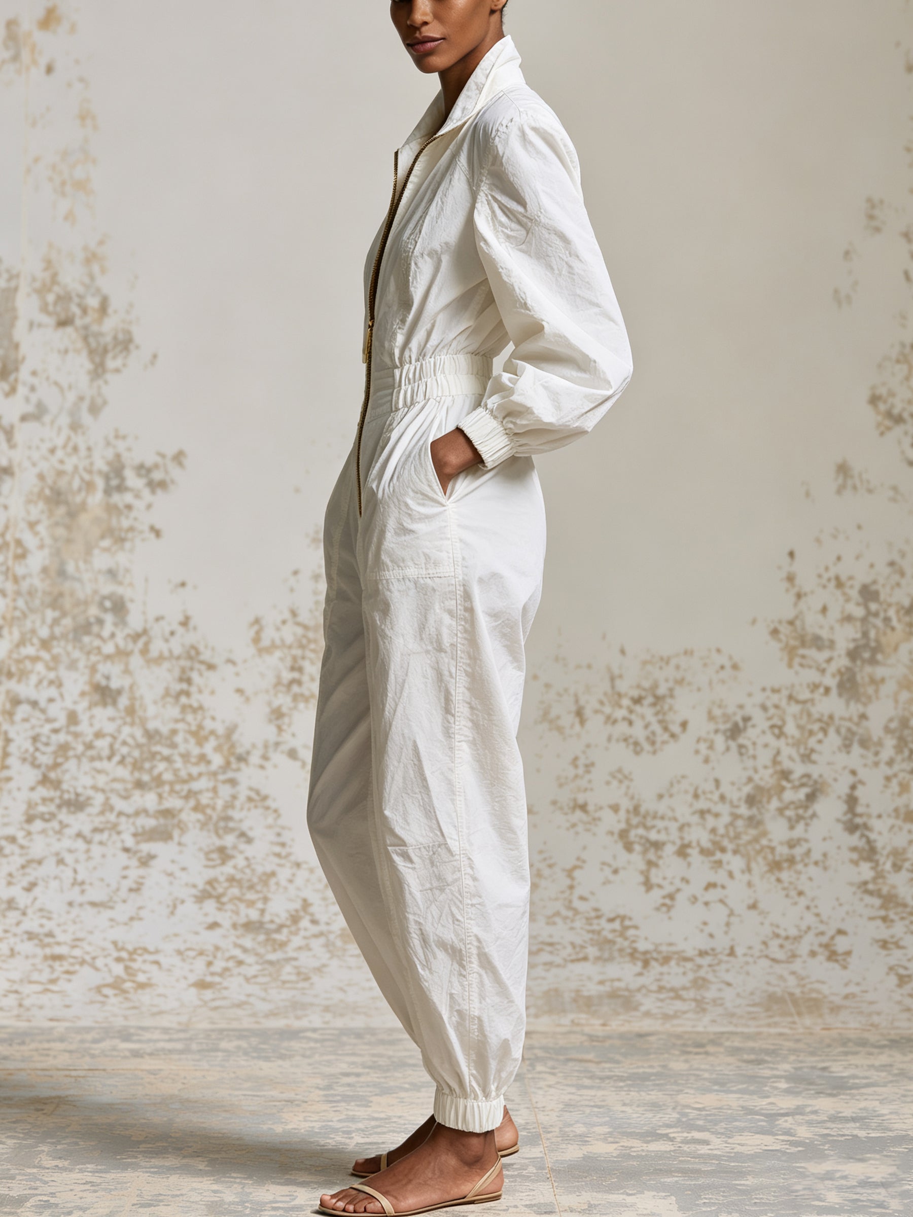 Luxe Utility White Jumpsuit – Elegant Zip Front Long Sleeve Cargo Romper With Cinched Waist