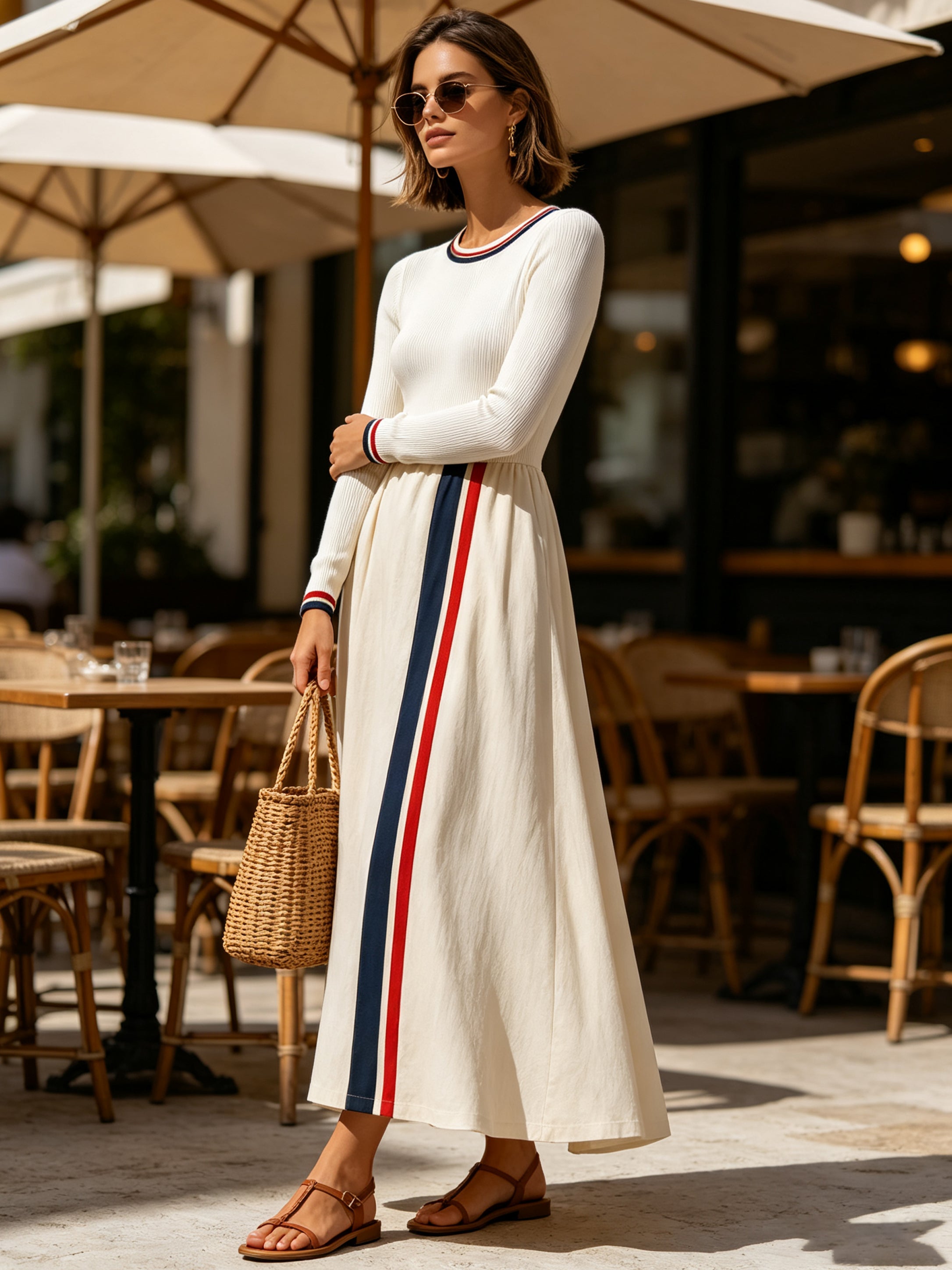 Women’s Ribbed Knit Maxi Dress – Elegant Long Sleeve A-Line Dress With Contrast Stripe Detail