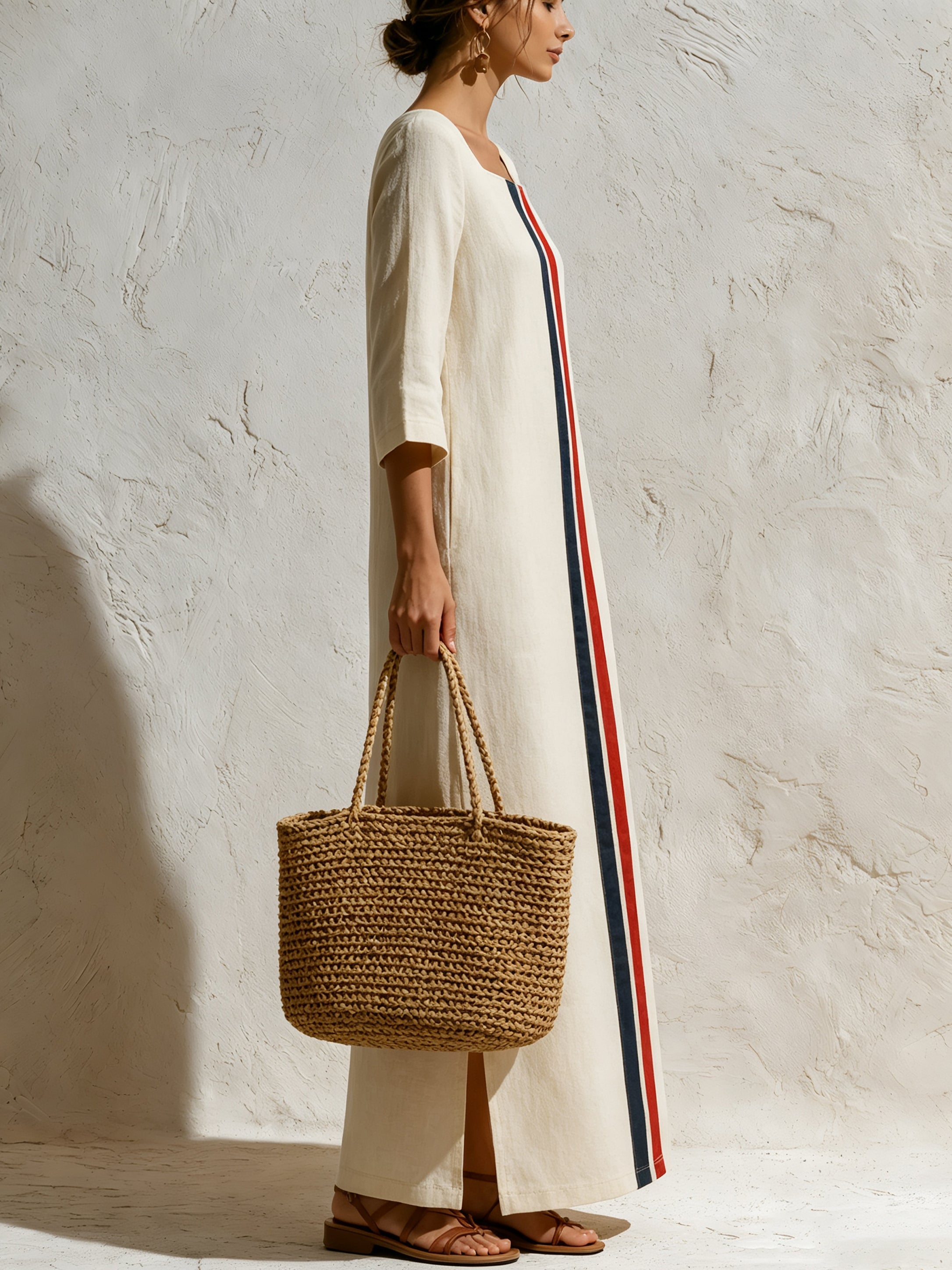 Women’s Minimalist Linen Maxi Dress – Elegant Long Sleeve Column Dress With Contrast Stripe Detail