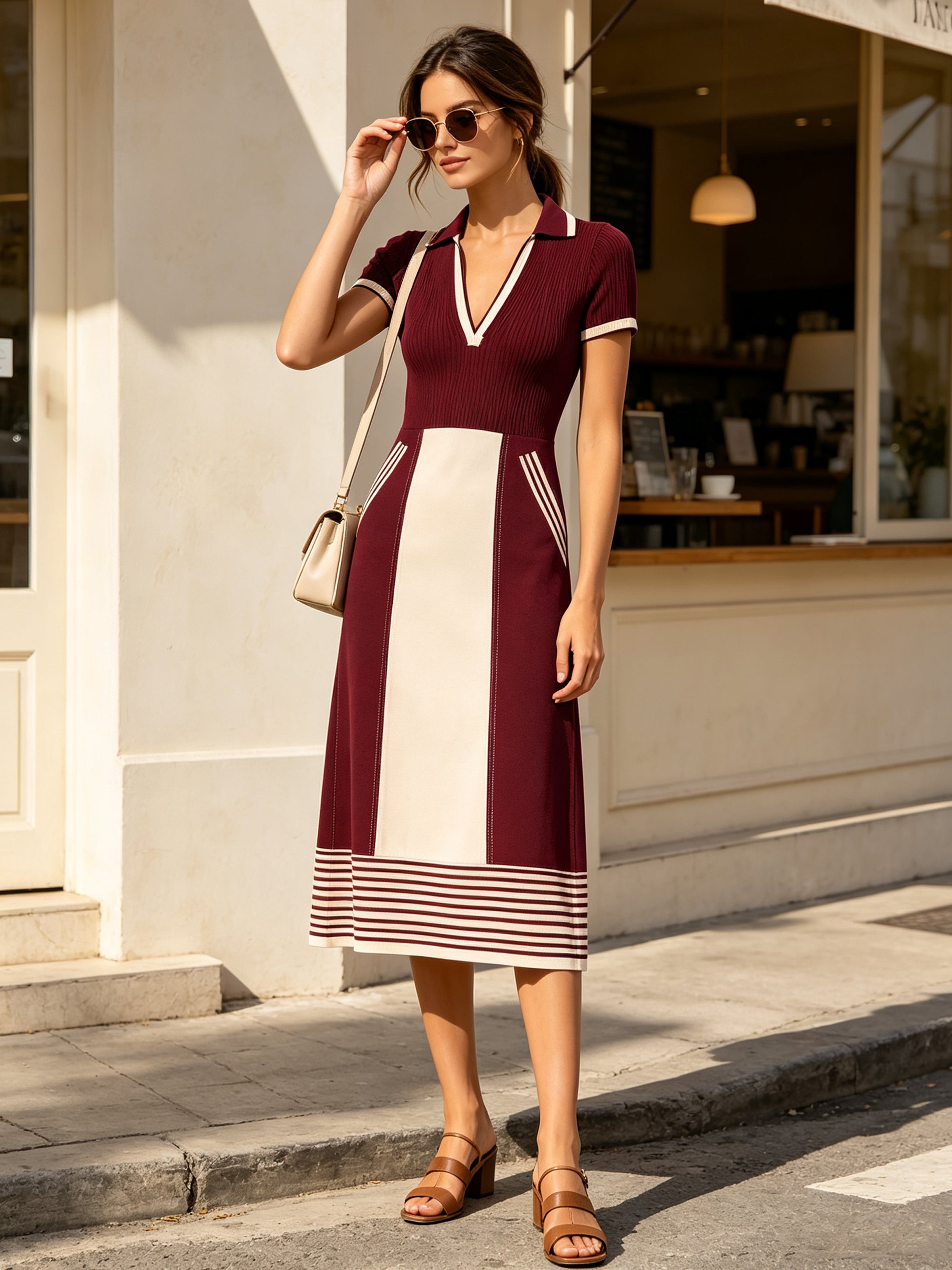 Women’s Ribbed Knit Midi Dress – Elegant Polo Collar Dress With Contrast Panel & Stripe Hem Detail