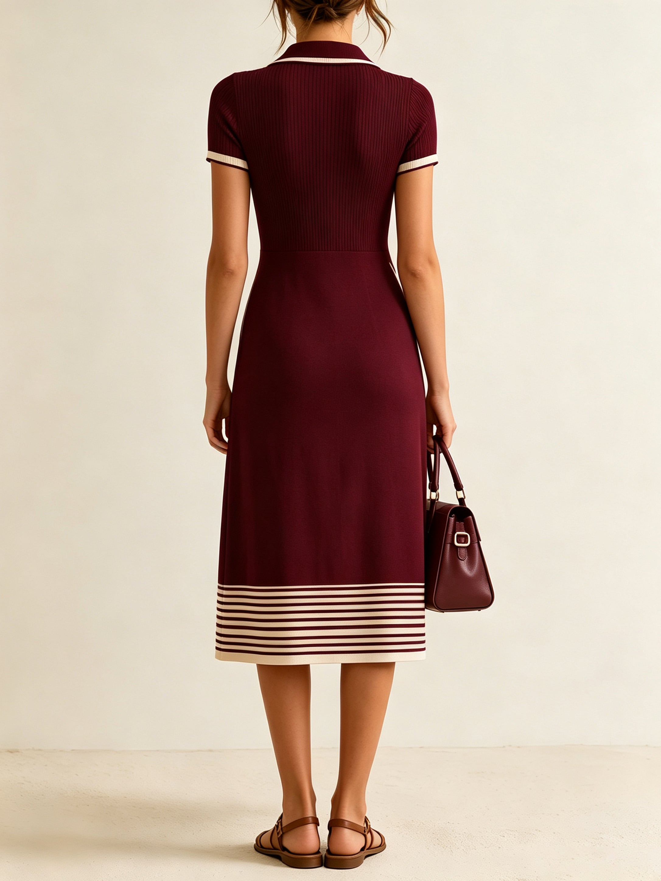Women’s Ribbed Knit Midi Dress – Elegant Polo Collar Dress With Contrast Panel & Stripe Hem Detail