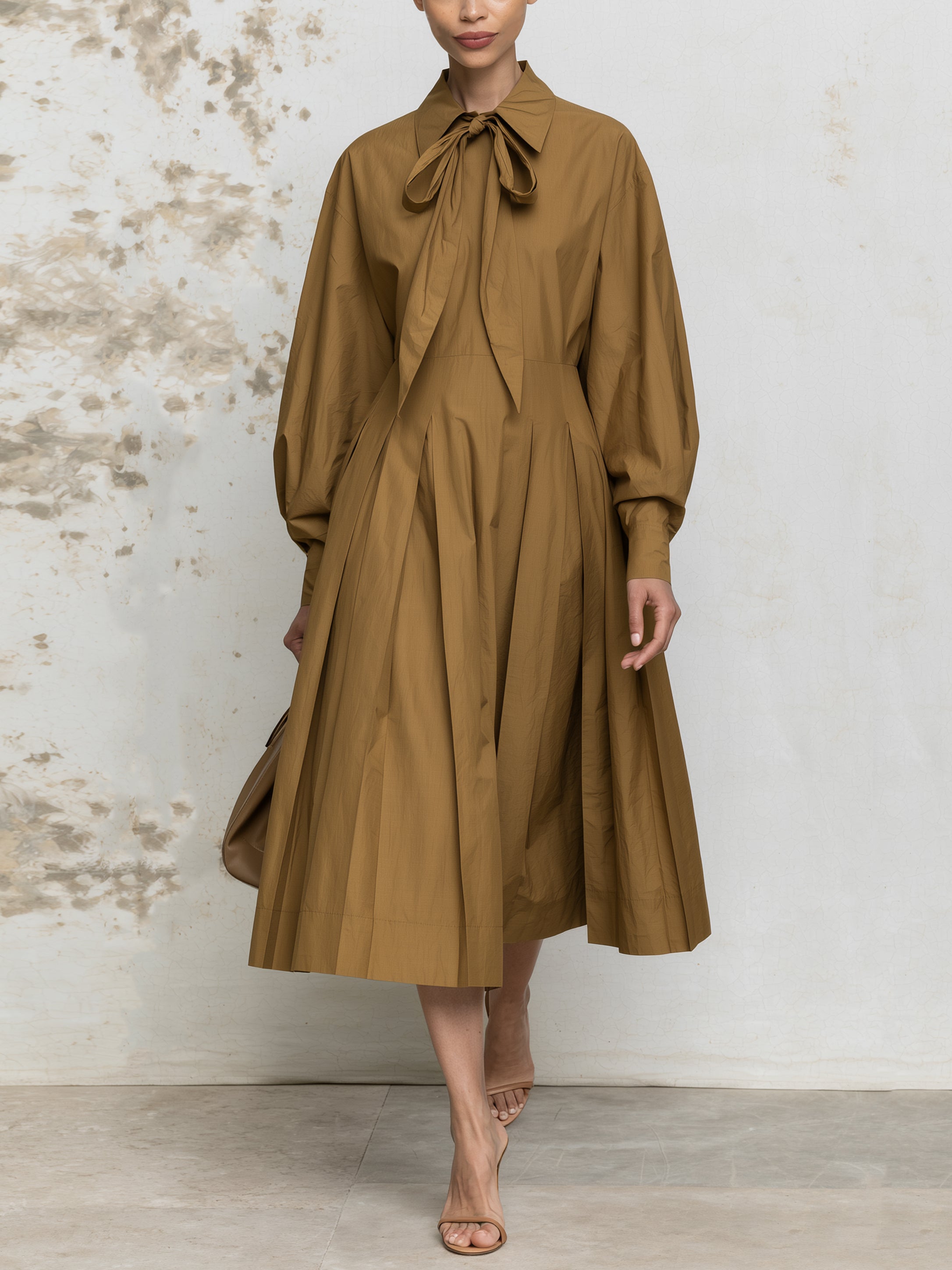 Elegant Tie-Neck A-Line Midi Dress For Women – Long Sleeve Pleated Flowy Dress