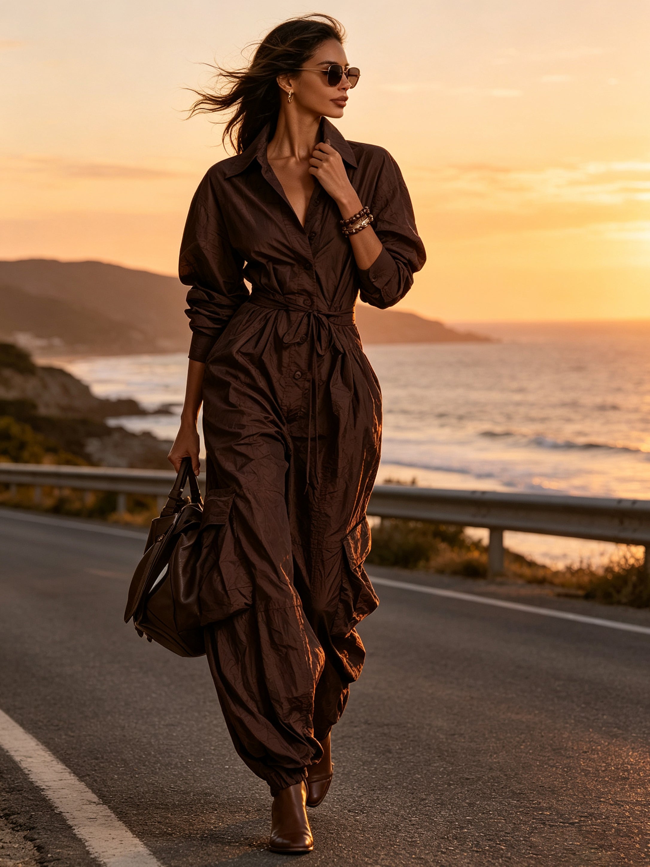 Elegant Ruched Shirt Dress For Women – Long Sleeve Button Down Midi Dress With Waist Tie & Relaxed Silhouette