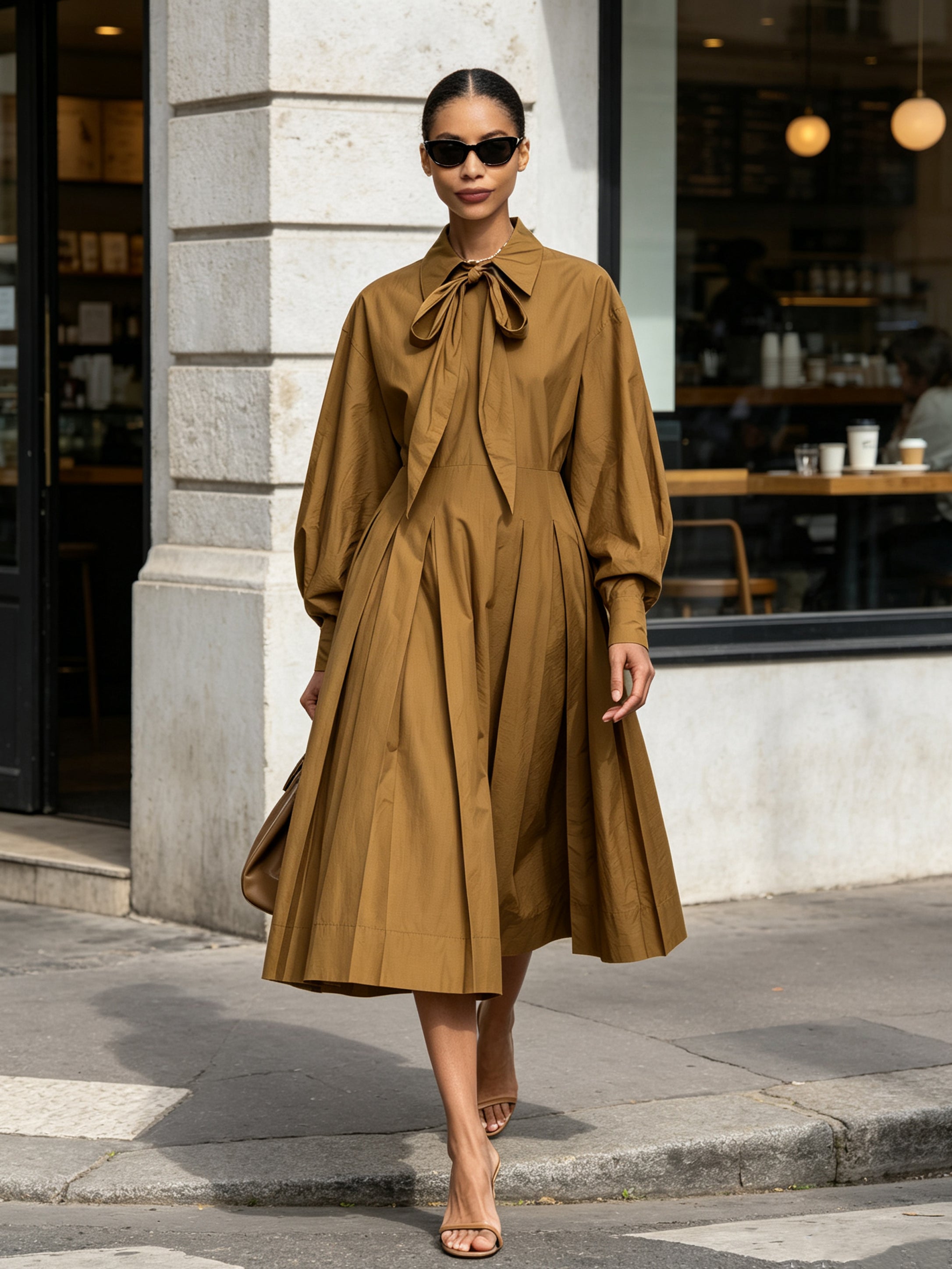 Elegant Tie-Neck A-Line Midi Dress For Women – Long Sleeve Pleated Flowy Dress