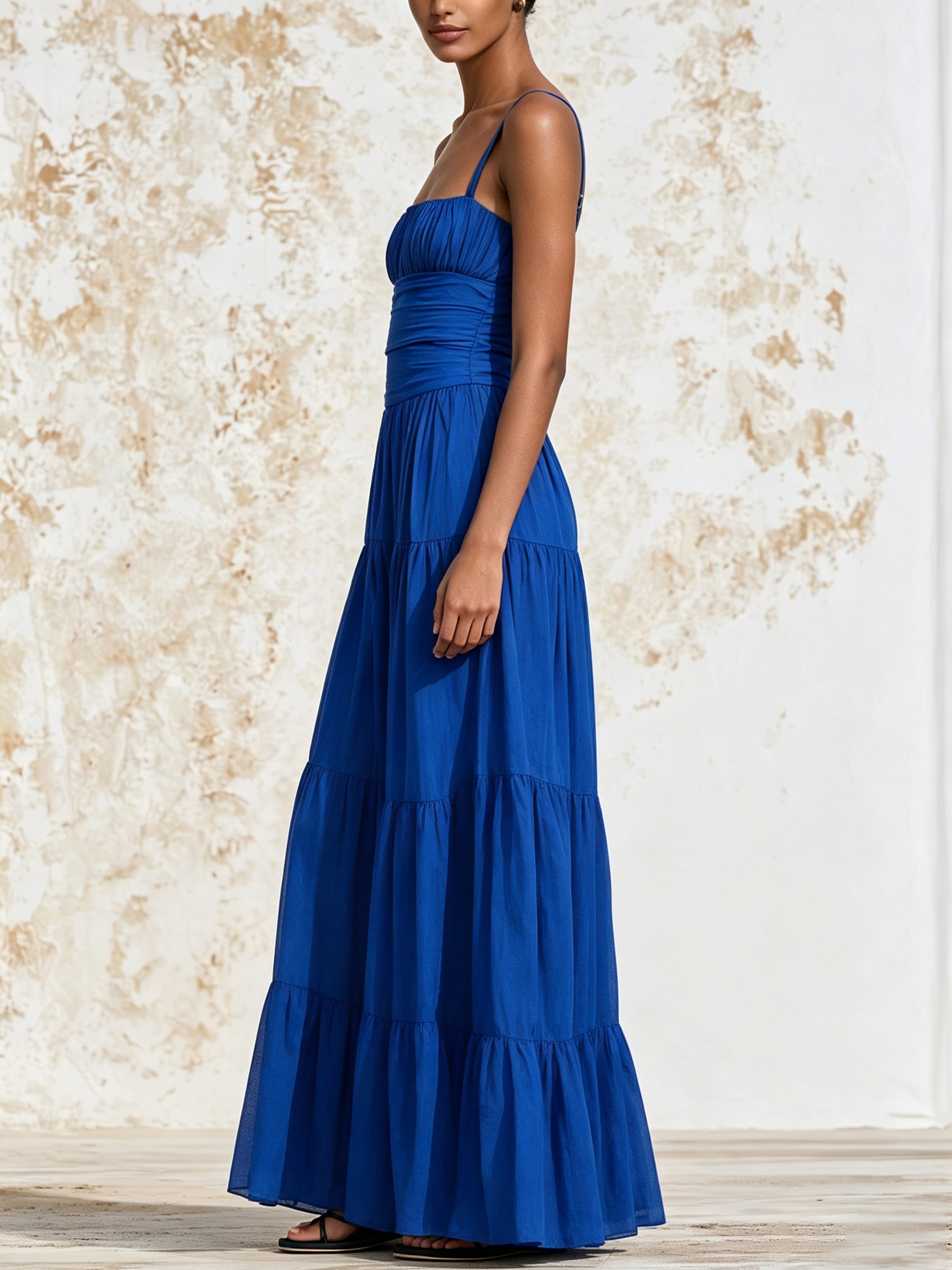 Royal Blue Tiered Maxi Dress – Elegant Square Neck Ruched Waist Summer Dress