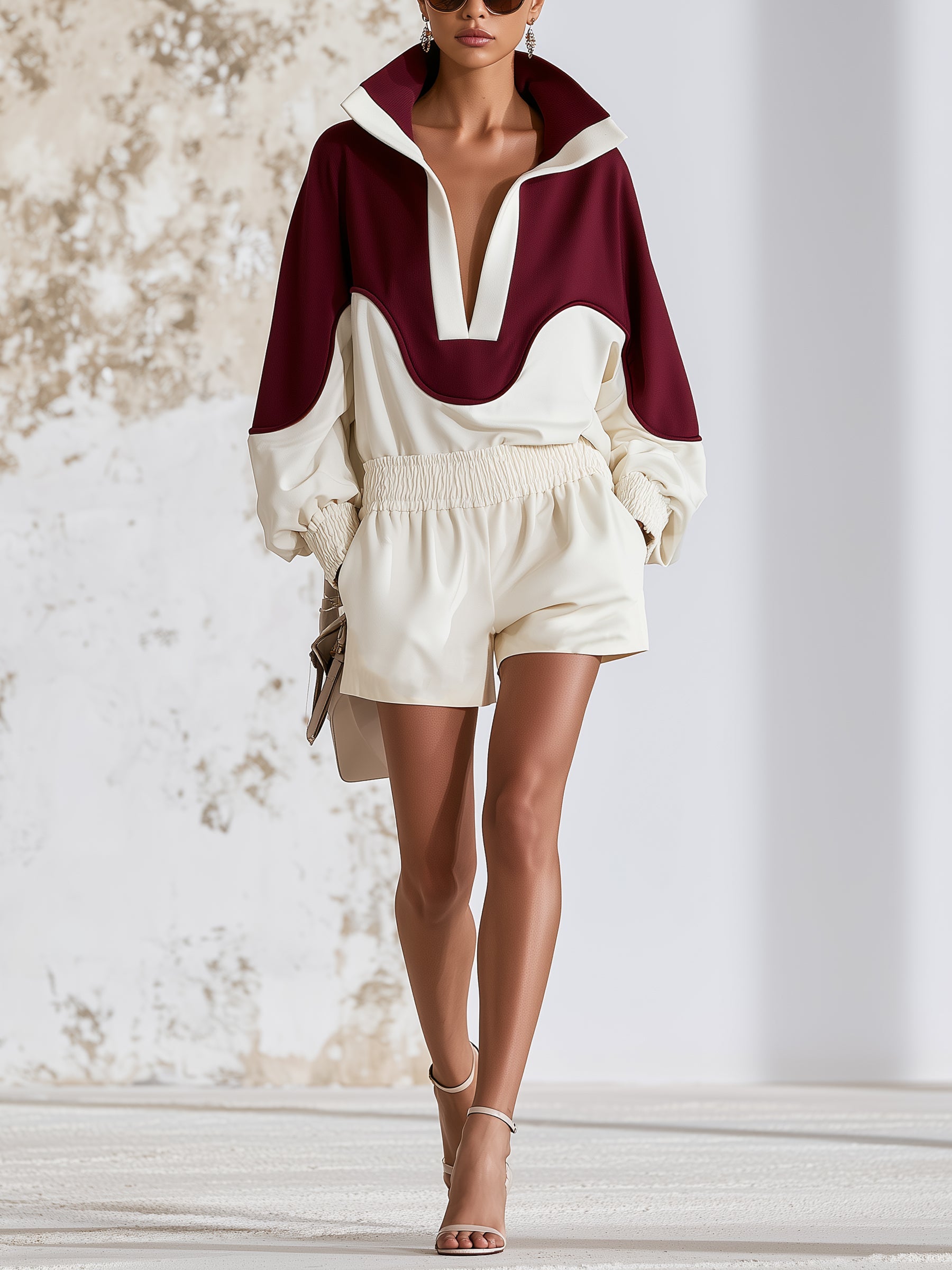 Burgundy Contrast Half Zip Pullover Set – Oversized Hoodie Top & High Waist Shorts Two Piece Outfit
