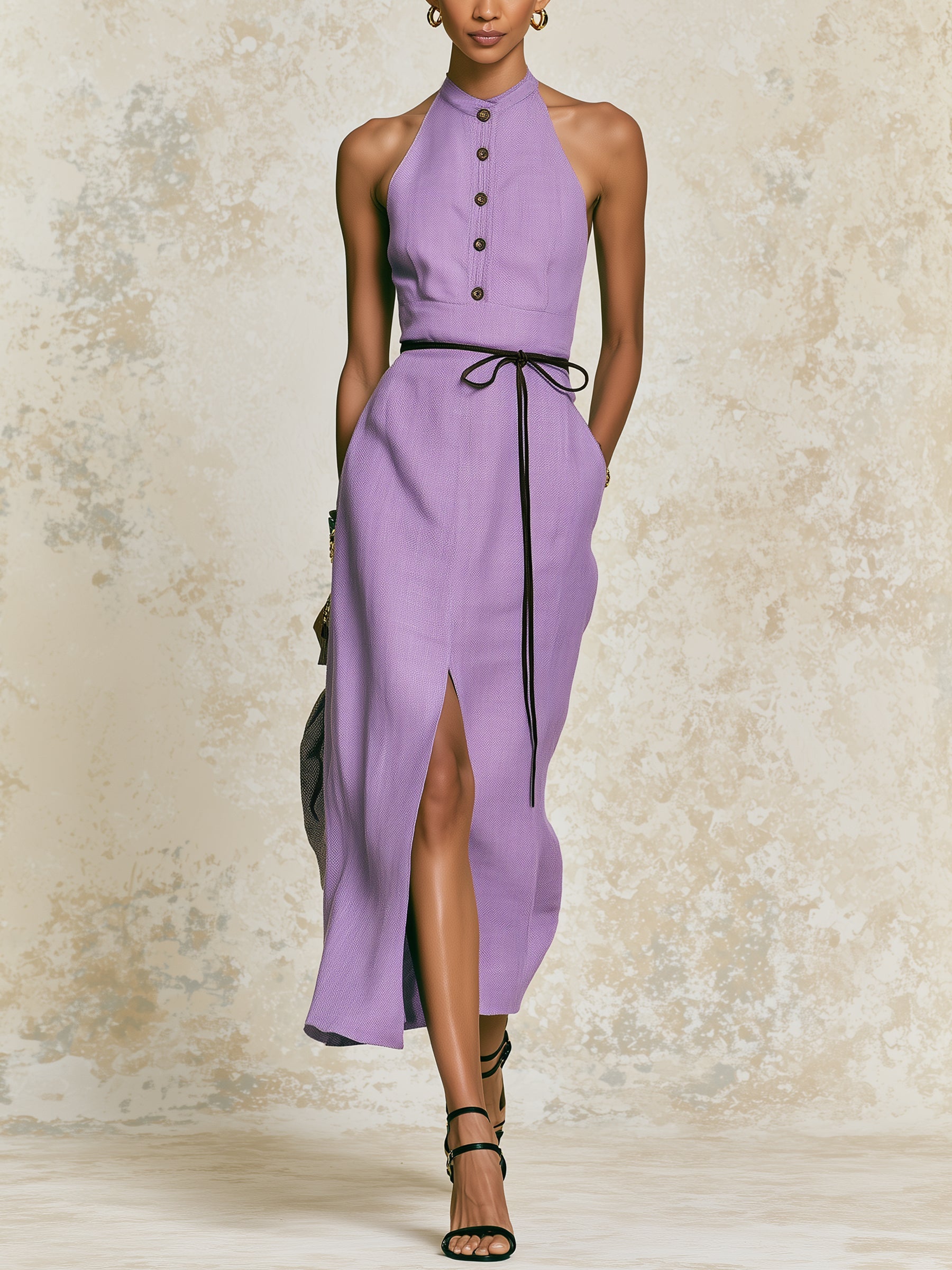 Luna Lavender Halter Neck Midi Dress – Elegant Button Front Tie Waist Summer Dress