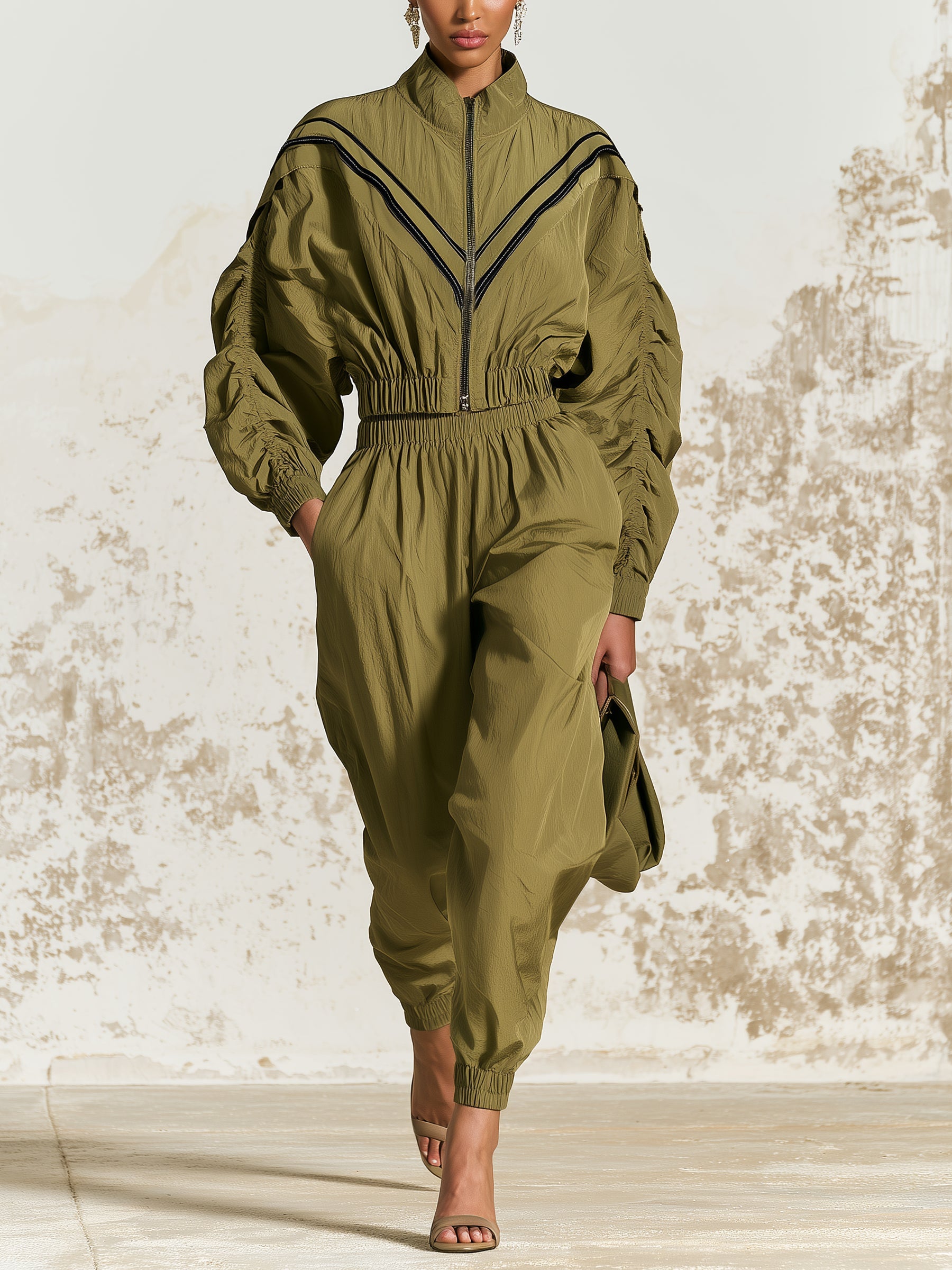 Olive Utility Jumpsuit – Chic Zip Front Long Sleeve Cargo Jumpsuit With Elastic Waist