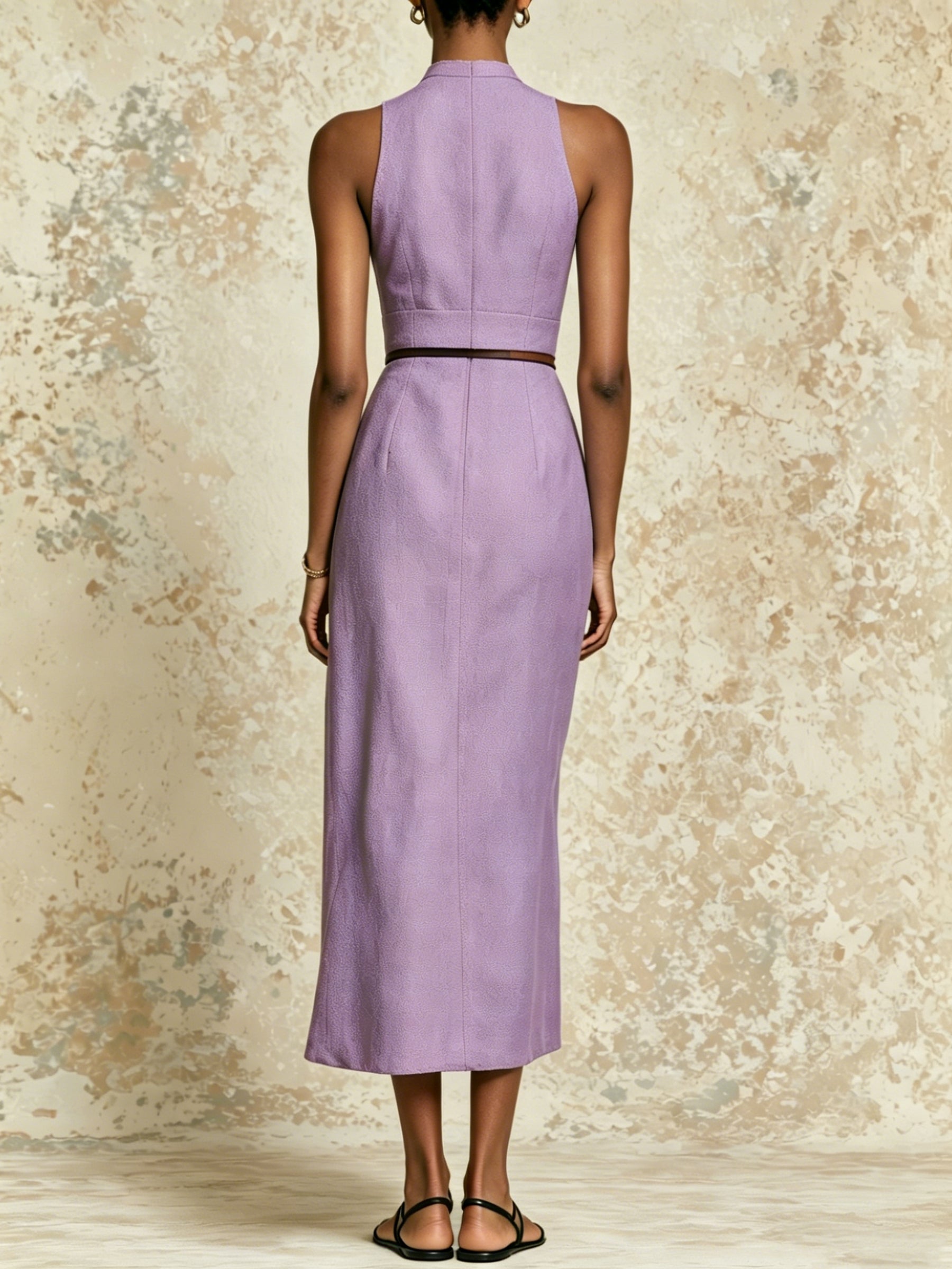 Luna Lavender Halter Neck Midi Dress – Elegant Button Front Tie Waist Summer Dress