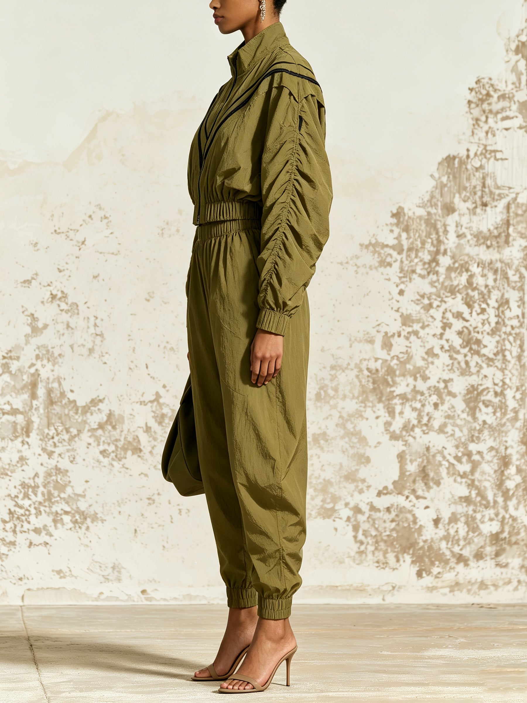 Olive Utility Jumpsuit – Chic Zip Front Long Sleeve Cargo Jumpsuit With Elastic Waist