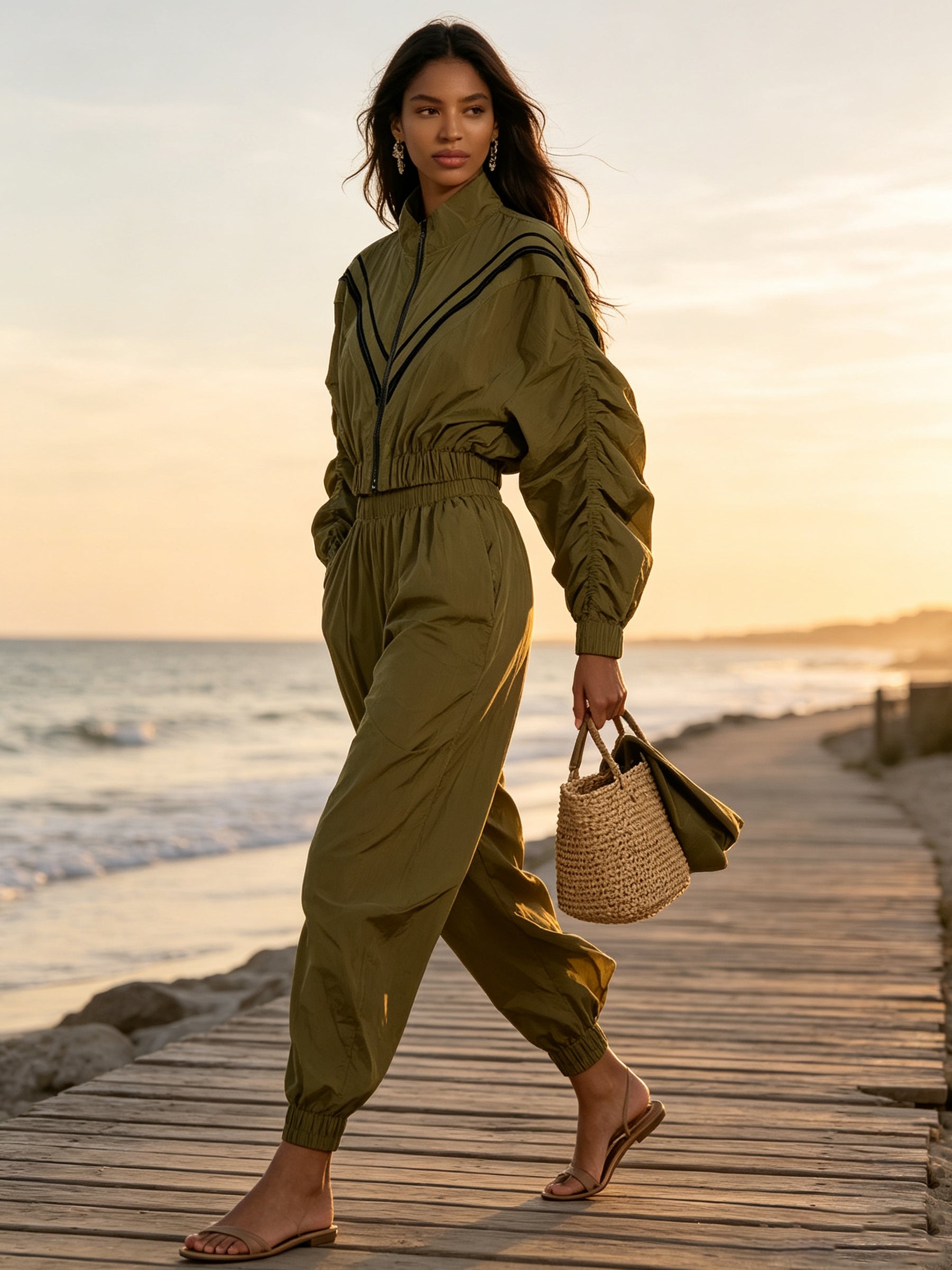 Olive Utility Jumpsuit – Chic Zip Front Long Sleeve Cargo Jumpsuit With Elastic Waist