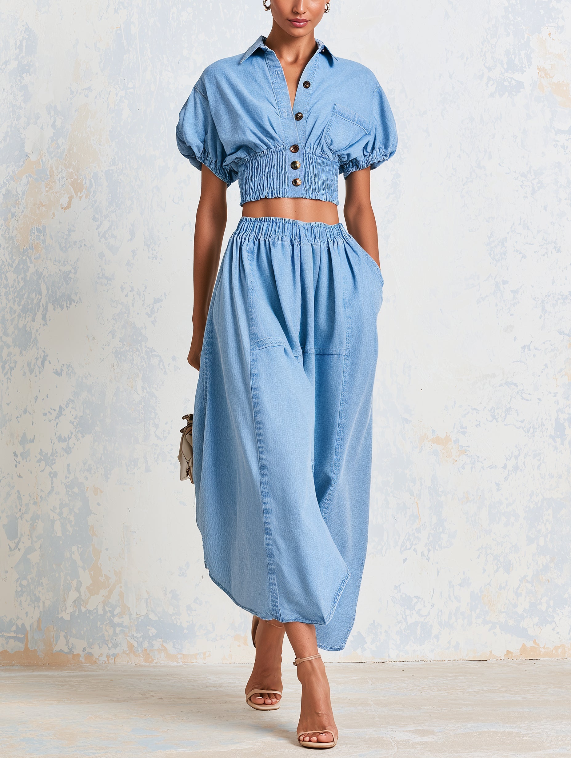 Light Wash Denim Two Piece Outfit, Puff Sleeve Smocked Crop Shirt & Elastic Waist Flowy Midi Skirt Matching Set