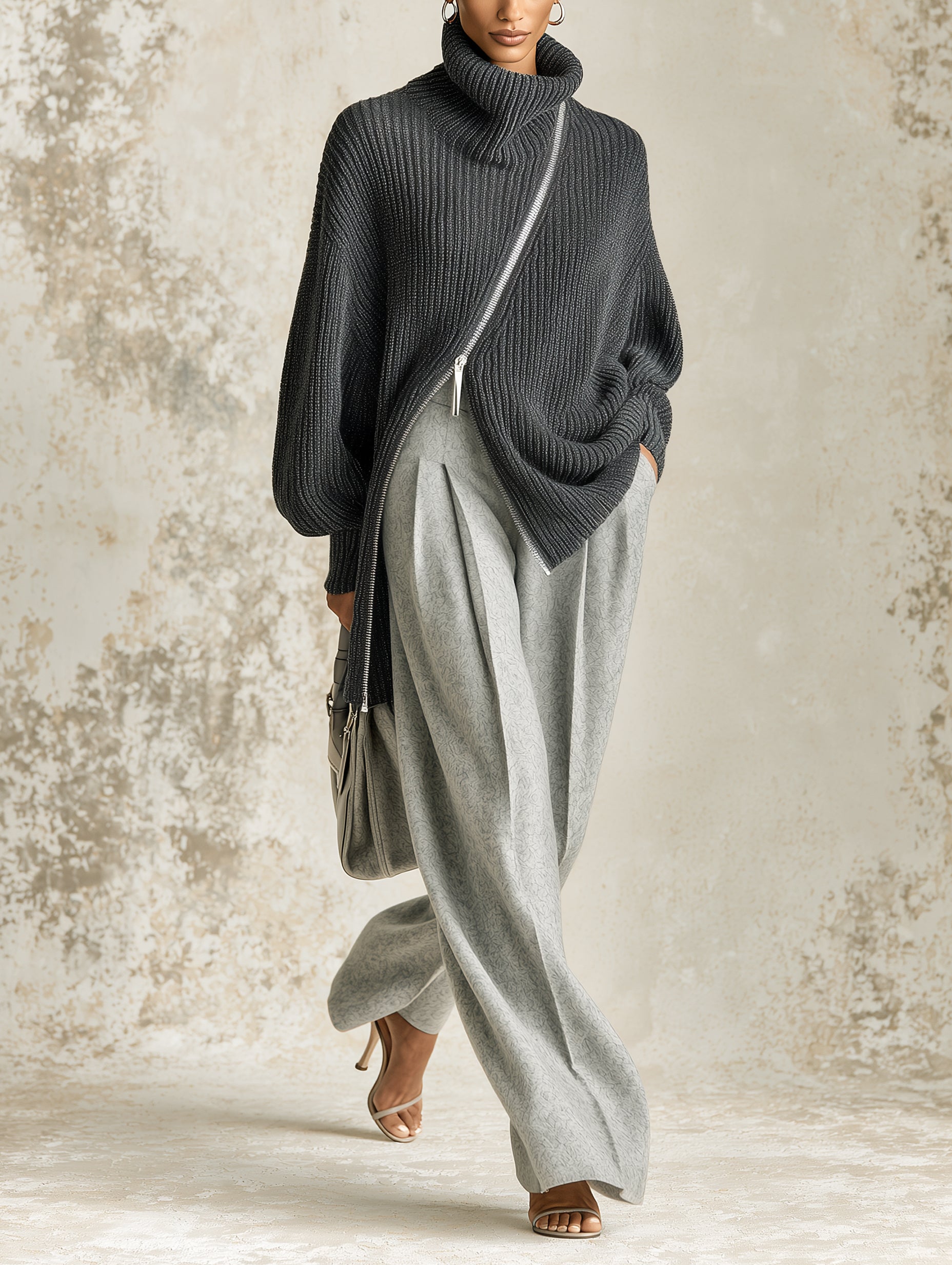 Dark Grey Asymmetric Zip Turtleneck Chunky Knit Sweater, Oversized Batwing Long Sleeve Ribbed Knit Jumper