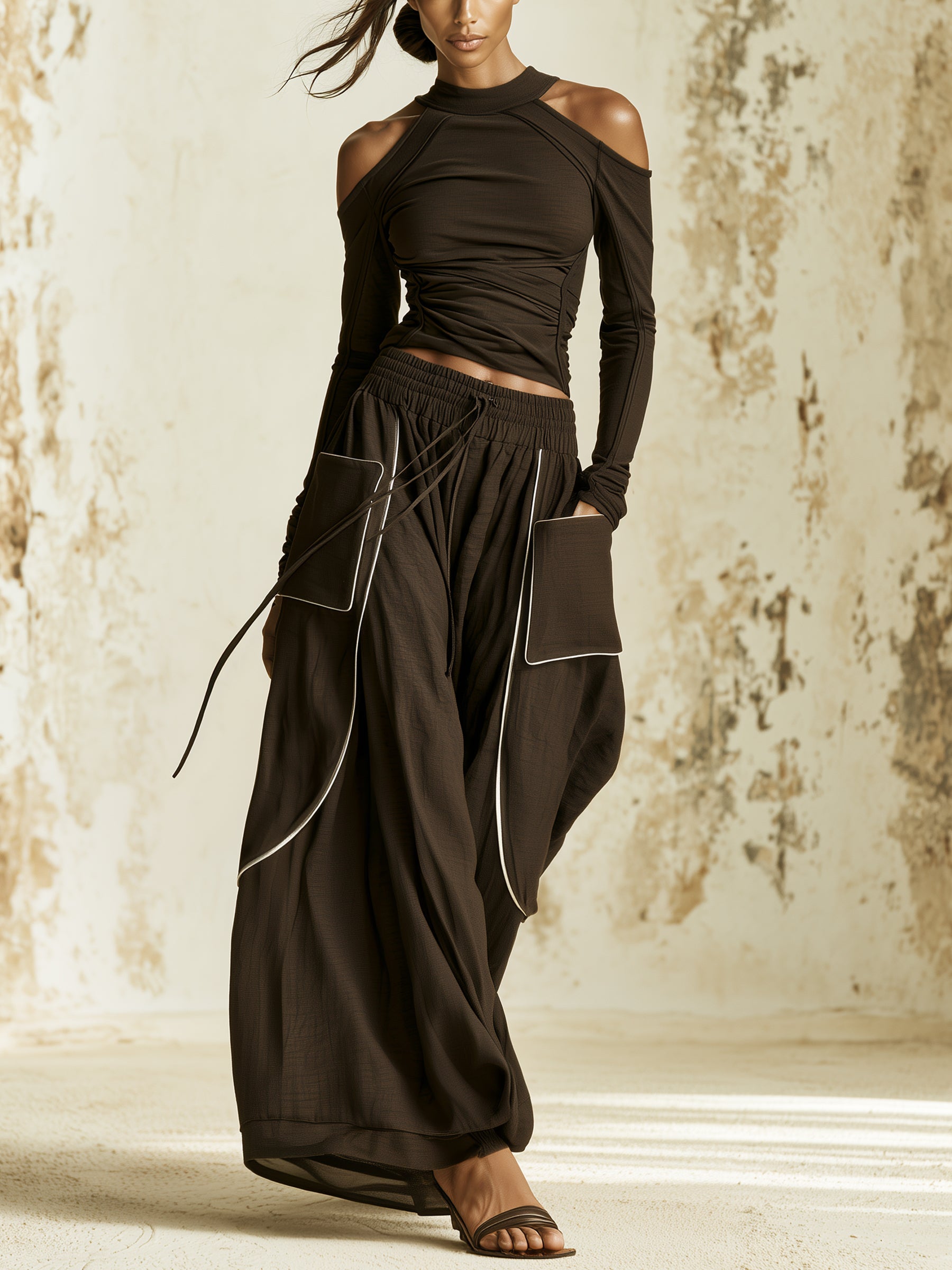 Women's Avant-Garde Black Two-Piece Set – Cold Shoulder Long Sleeve Top & Wide Leg Draped Pants