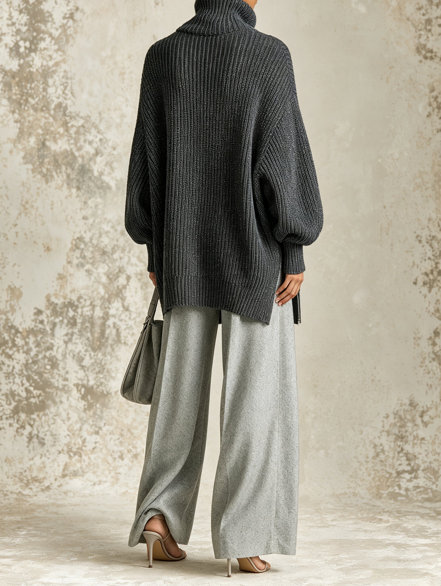 Dark Grey Asymmetric Zip Turtleneck Chunky Knit Sweater, Oversized Batwing Long Sleeve Ribbed Knit Jumper