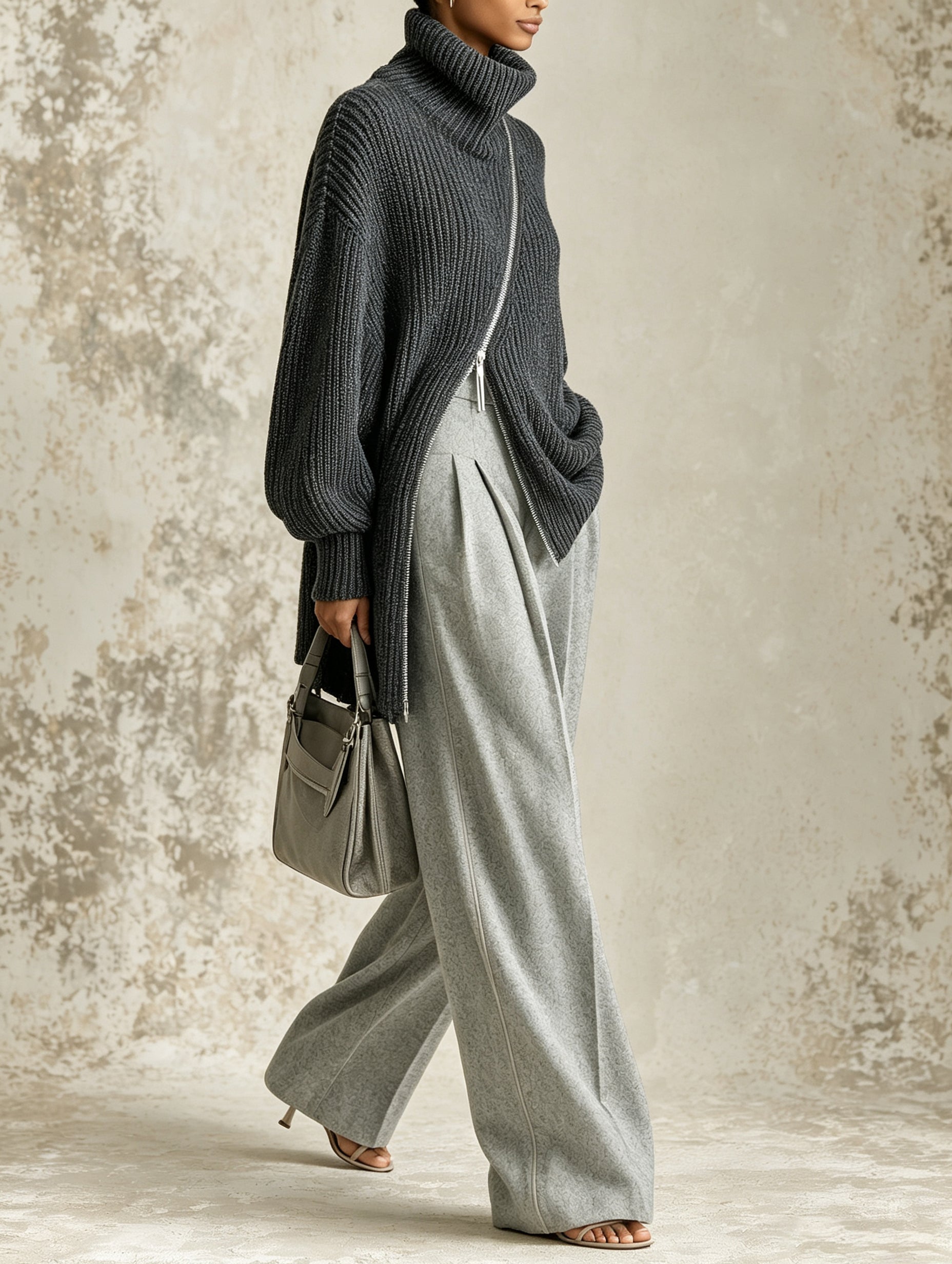 Dark Grey Asymmetric Zip Turtleneck Chunky Knit Sweater, Oversized Batwing Long Sleeve Ribbed Knit Jumper