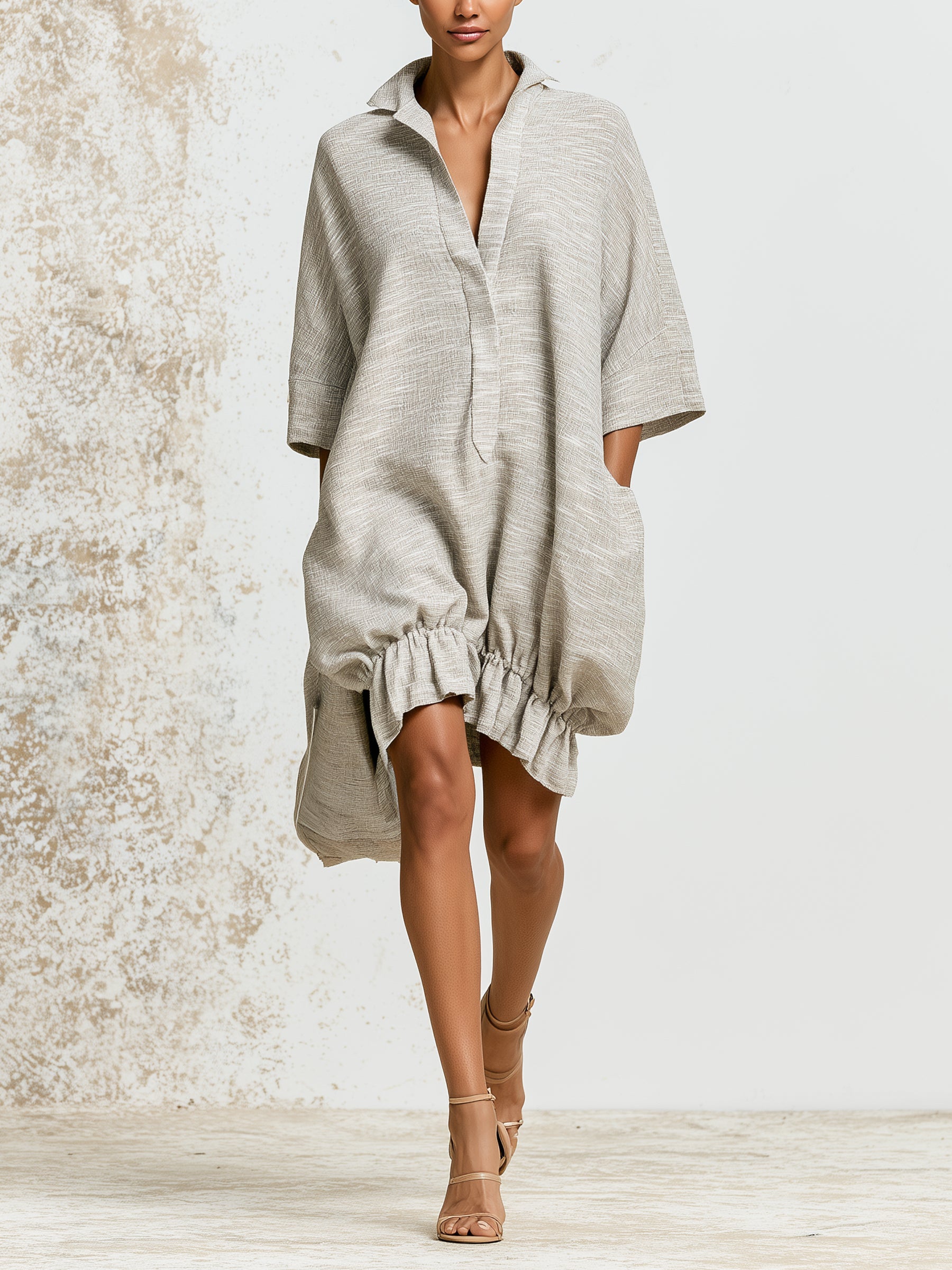 Minimalist Linen Shirt Dress – Oversized Relaxed Fit Ruffle Hem Midi Dress
