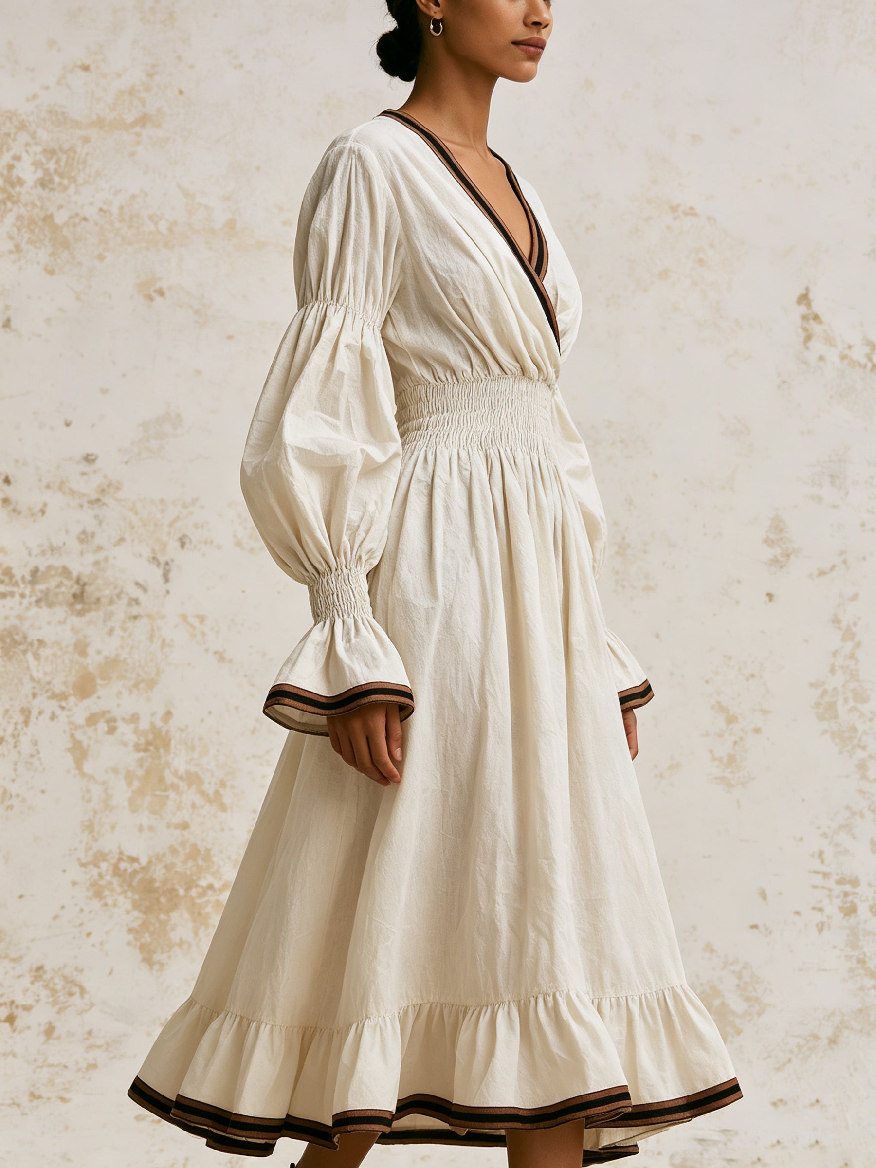Ivory Elegance V-Neck Smocked Waist Maxi Dress – Romantic Puff Sleeve Bohemian Dress