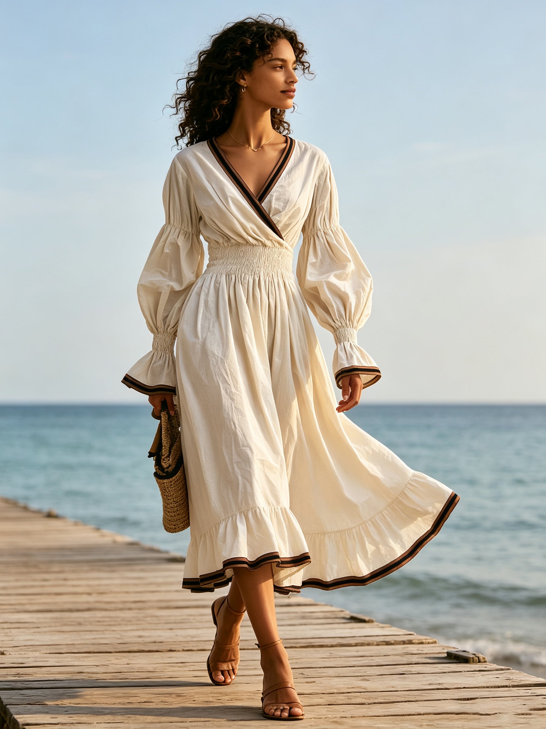 Ivory Elegance V-Neck Smocked Waist Maxi Dress – Romantic Puff Sleeve Bohemian Dress