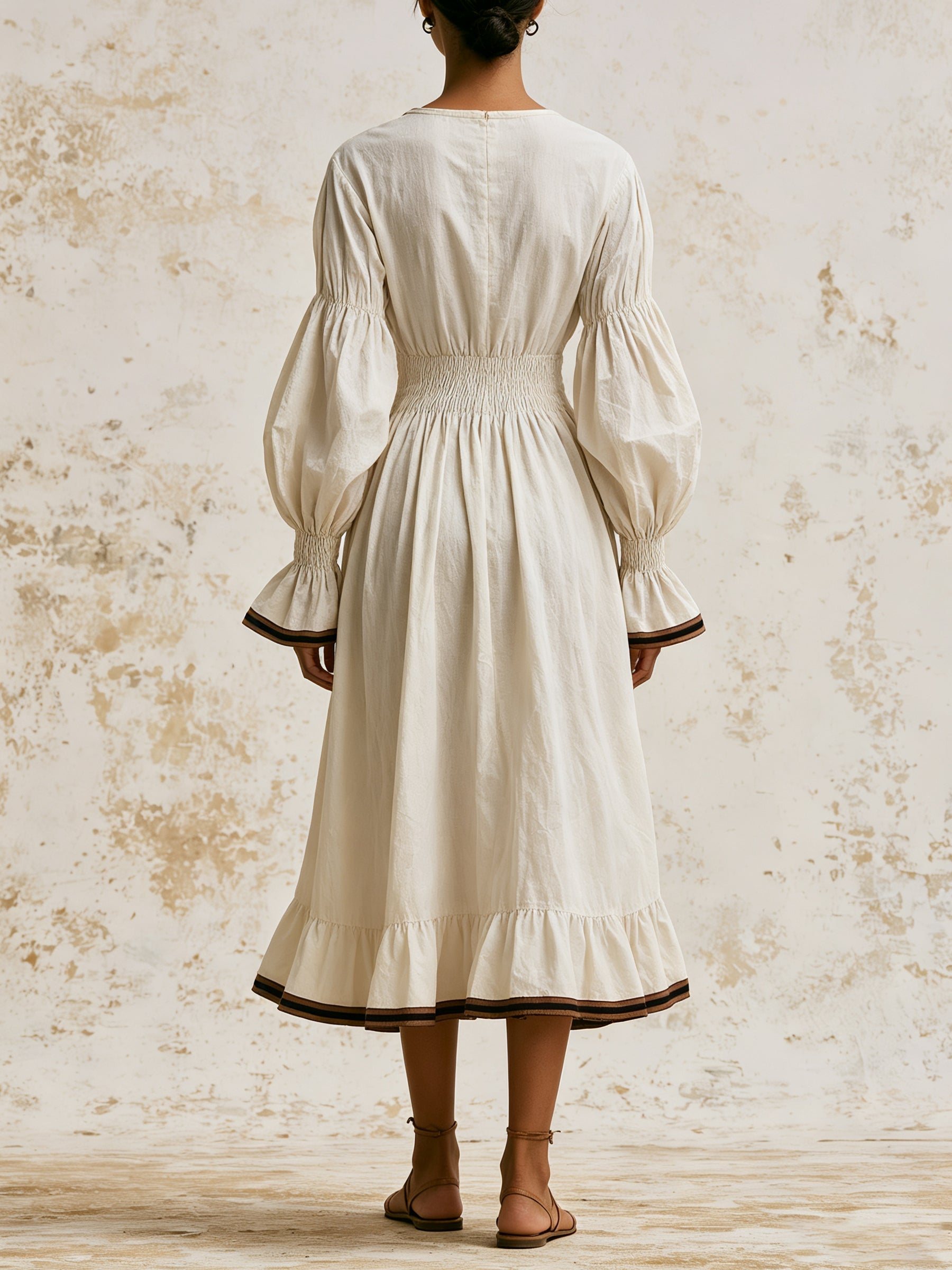 Ivory Elegance V-Neck Smocked Waist Maxi Dress – Romantic Puff Sleeve Bohemian Dress