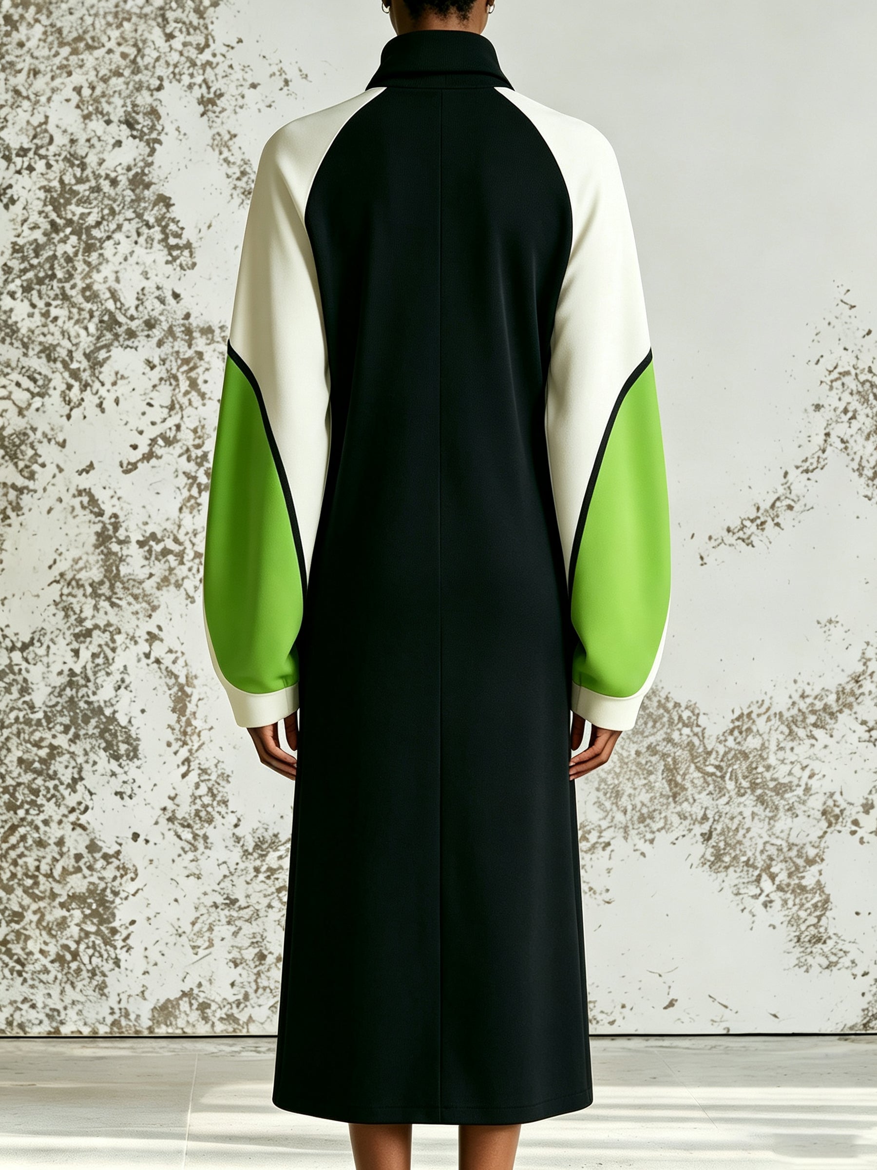 Modern Color Block Turtleneck Midi Dress – Oversized Statement Sleeve Knit Dress