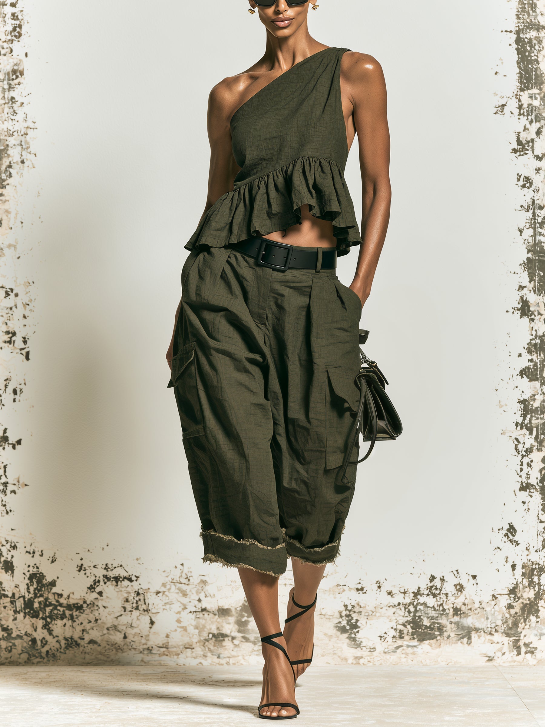 Women’s Olive Green Two Piece Set – One Shoulder Ruffle Top & Cargo Wide Leg Pants Outfit