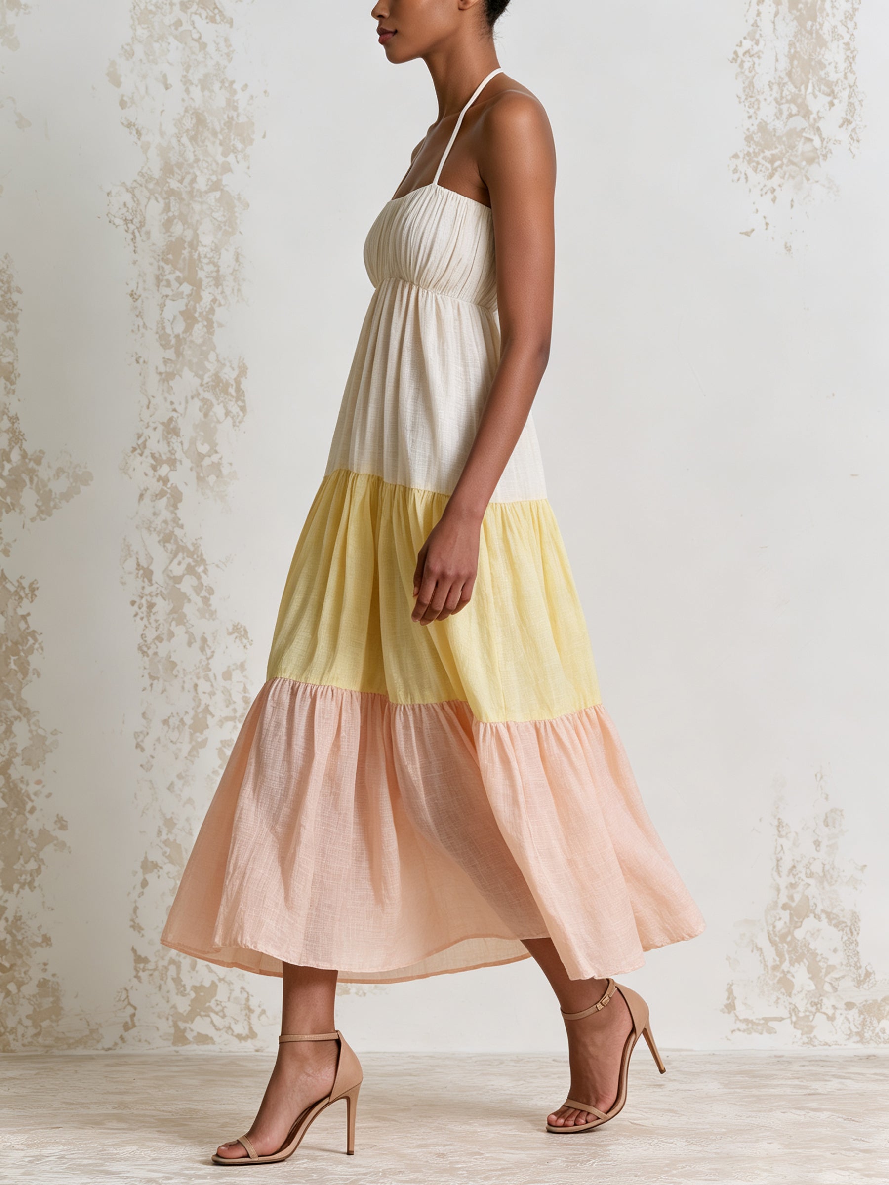 Boho Colorblock Tiered Halter Midi Dress, Lightweight Beach Vacation Flowy Sundress
