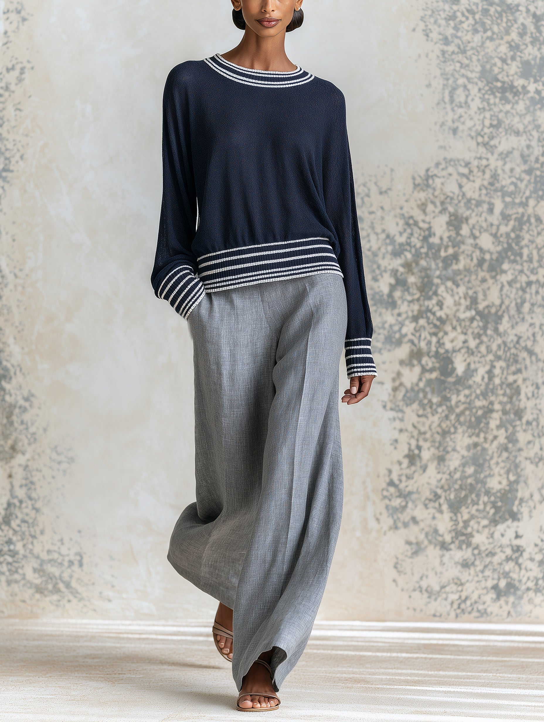 Navy Striped Knit Sweater – Elegant Long Sleeve Pullover With Ribbed Trim For Women