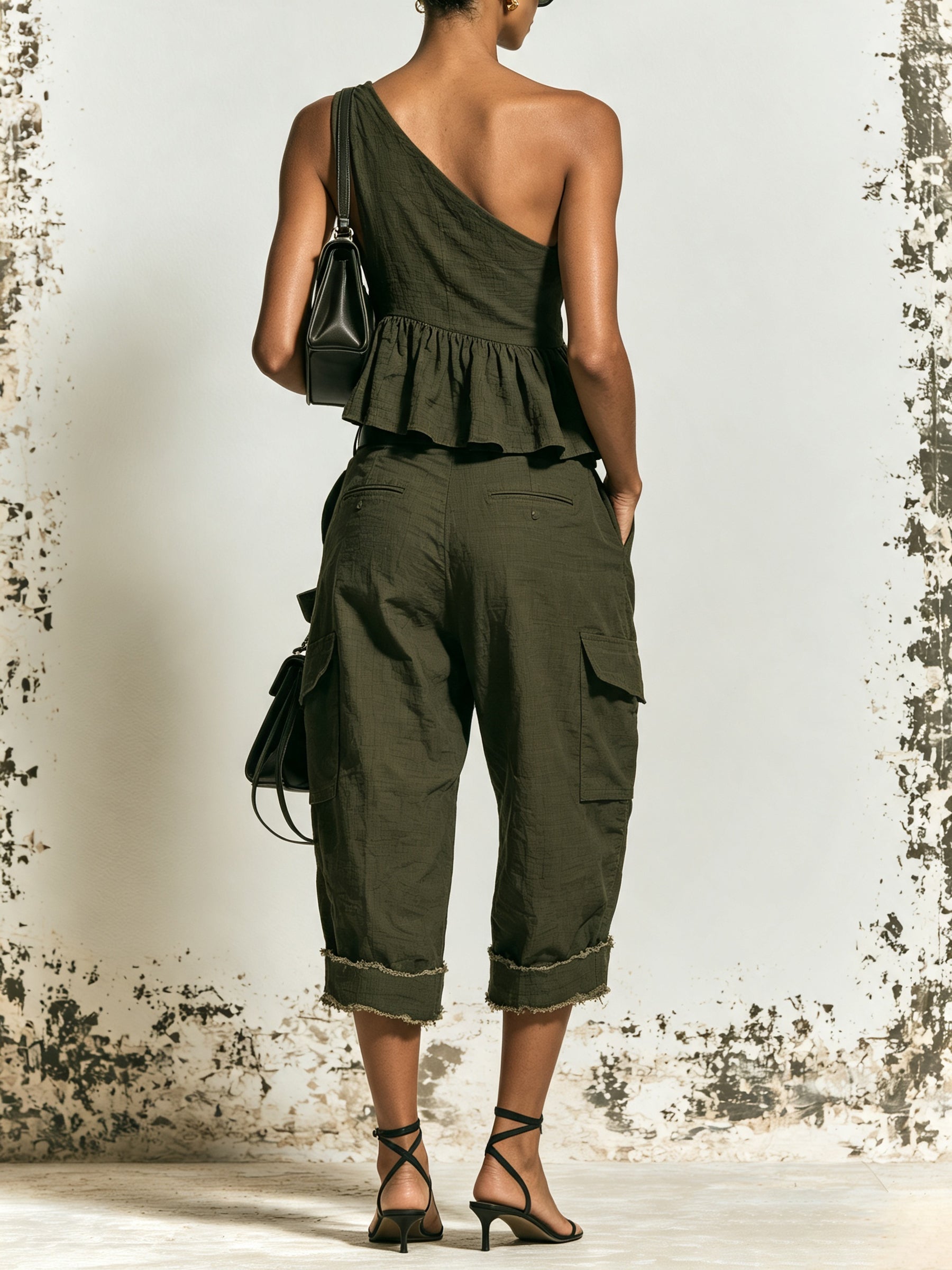 Women’s Olive Green Two Piece Set – One Shoulder Ruffle Top & Cargo Wide Leg Pants Outfit