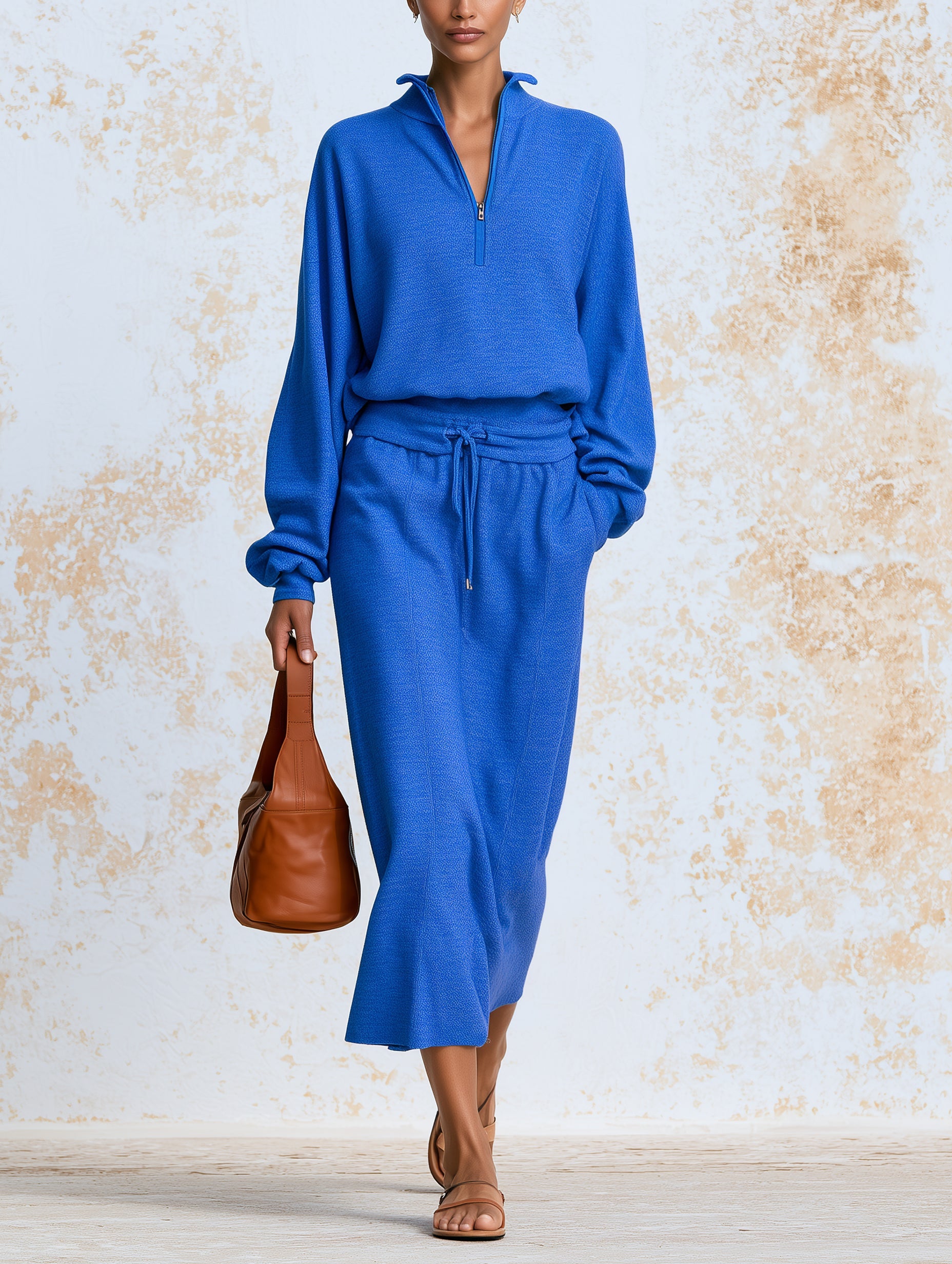 Royal Blue Half-Zip Knit Set – Elegant Long Sleeve Pullover & Midi Skirt Matching Outfit For Women
